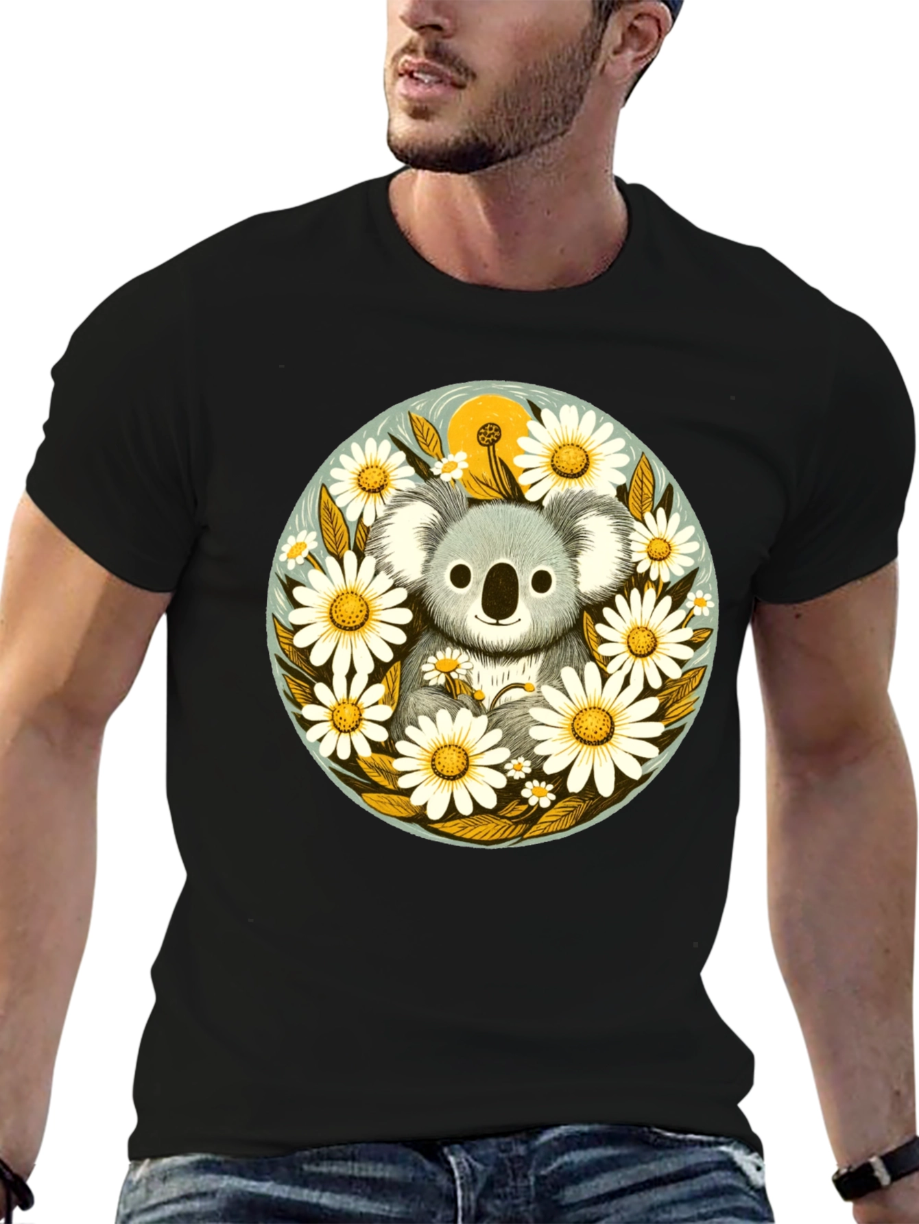 Black Koala & Daisy Graphic Tee - Black Cotton T-Shirt view 6