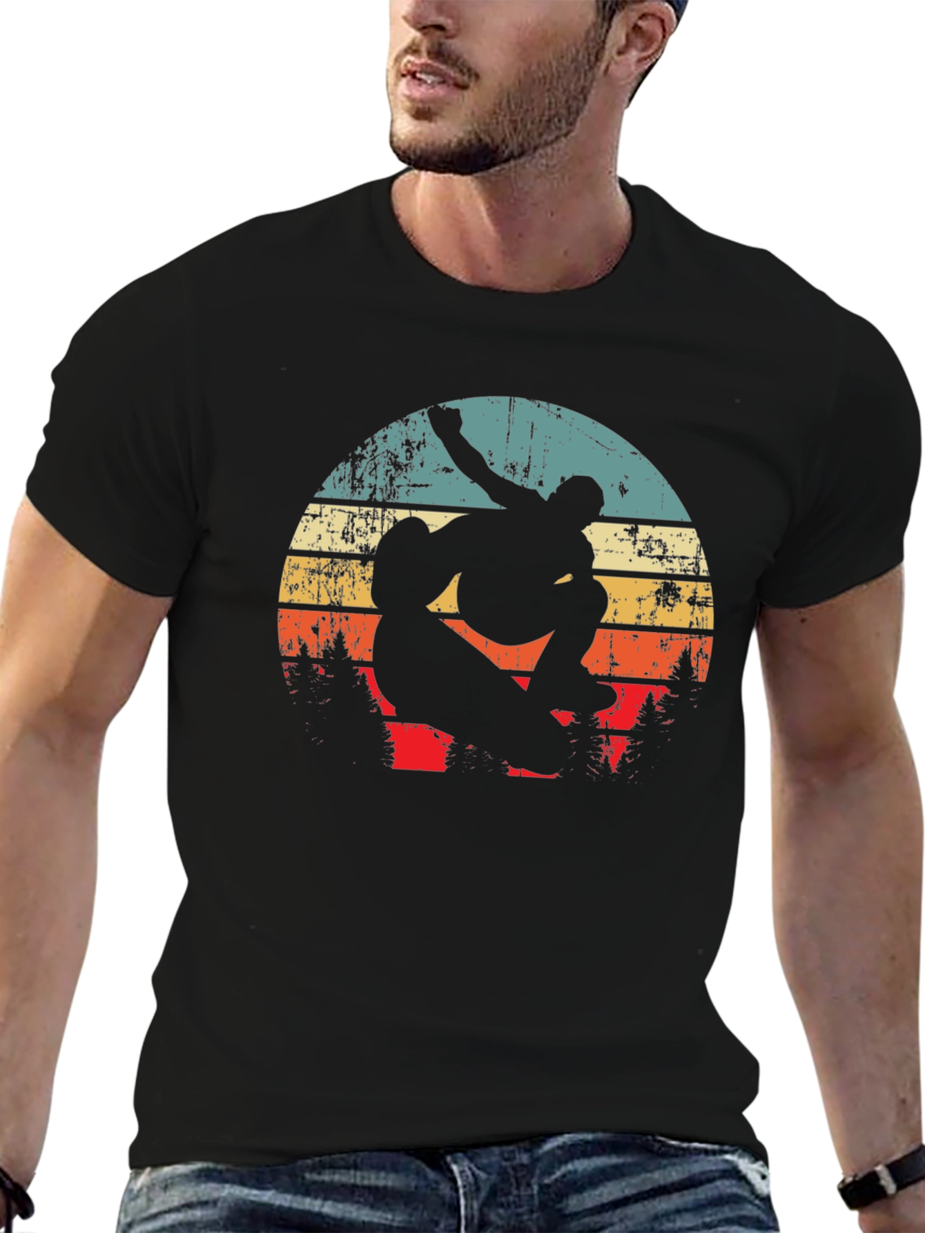 Black Retro Skateboarder Tee - Vintage Sunset Graphic view 6
