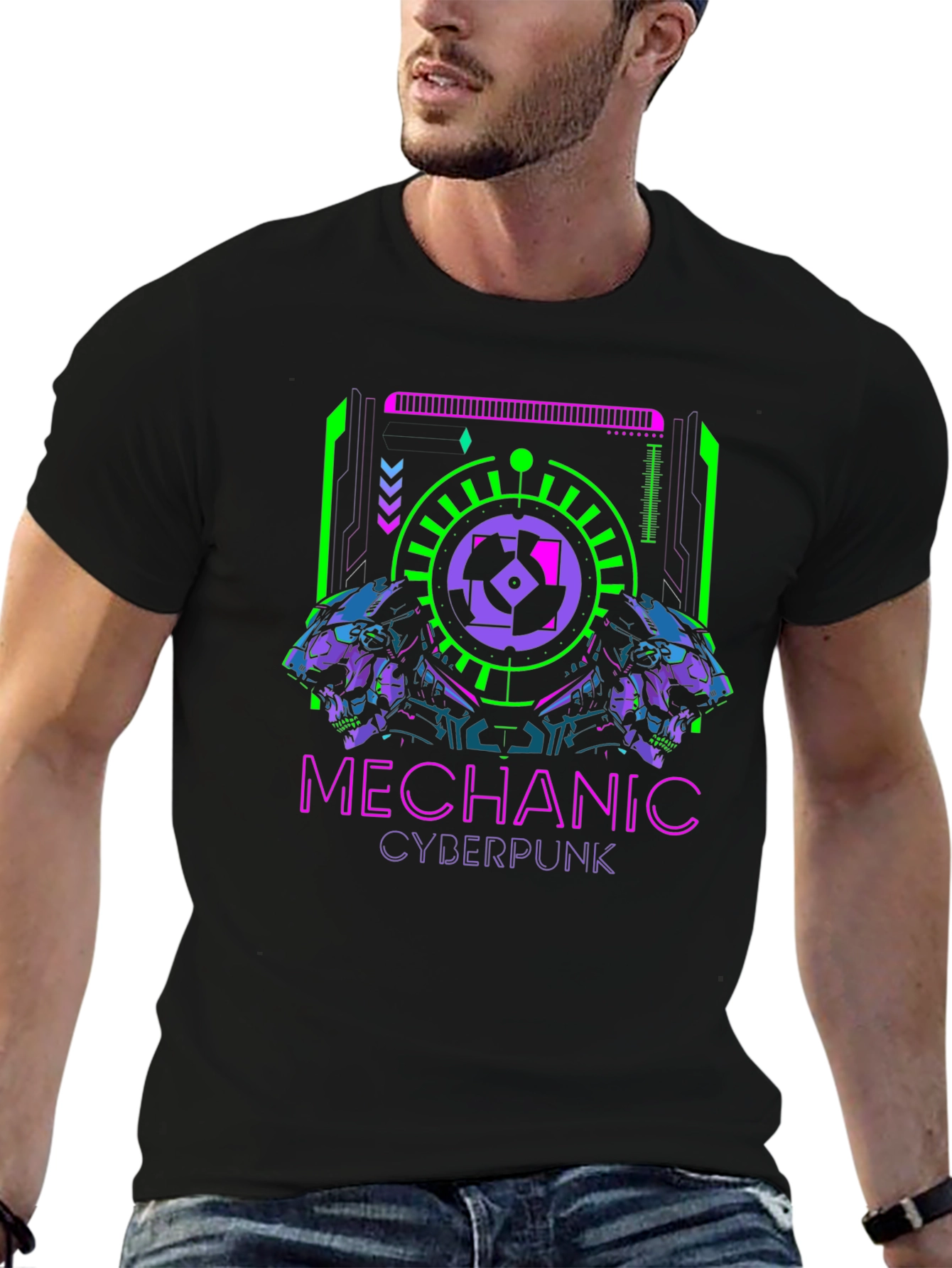Black Cyberpunk Mechanic Graphic T-Shirt view 6