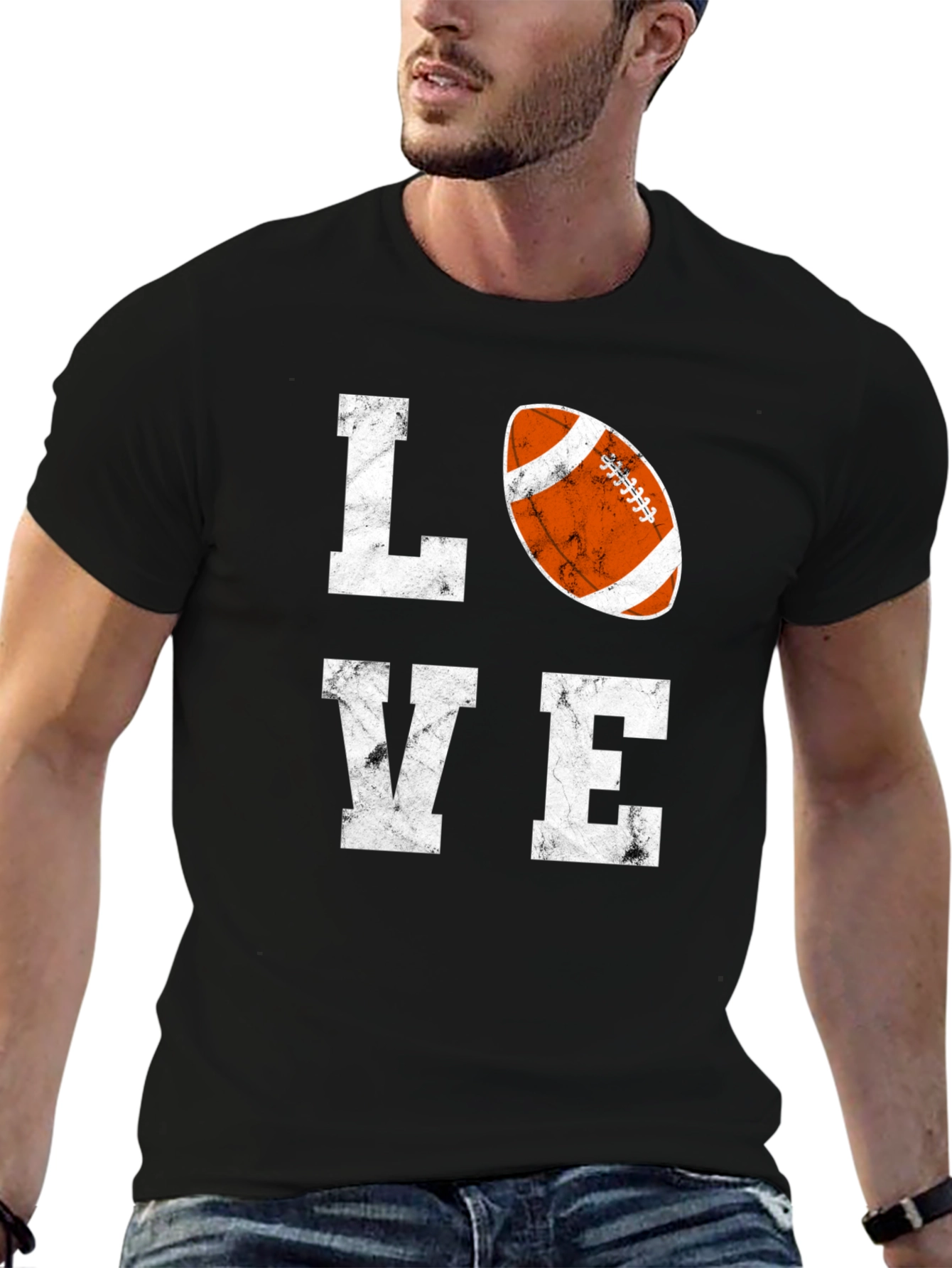 Black LOVE Football Graphic T-Shirt, Black Cotton Blend Tee view 6