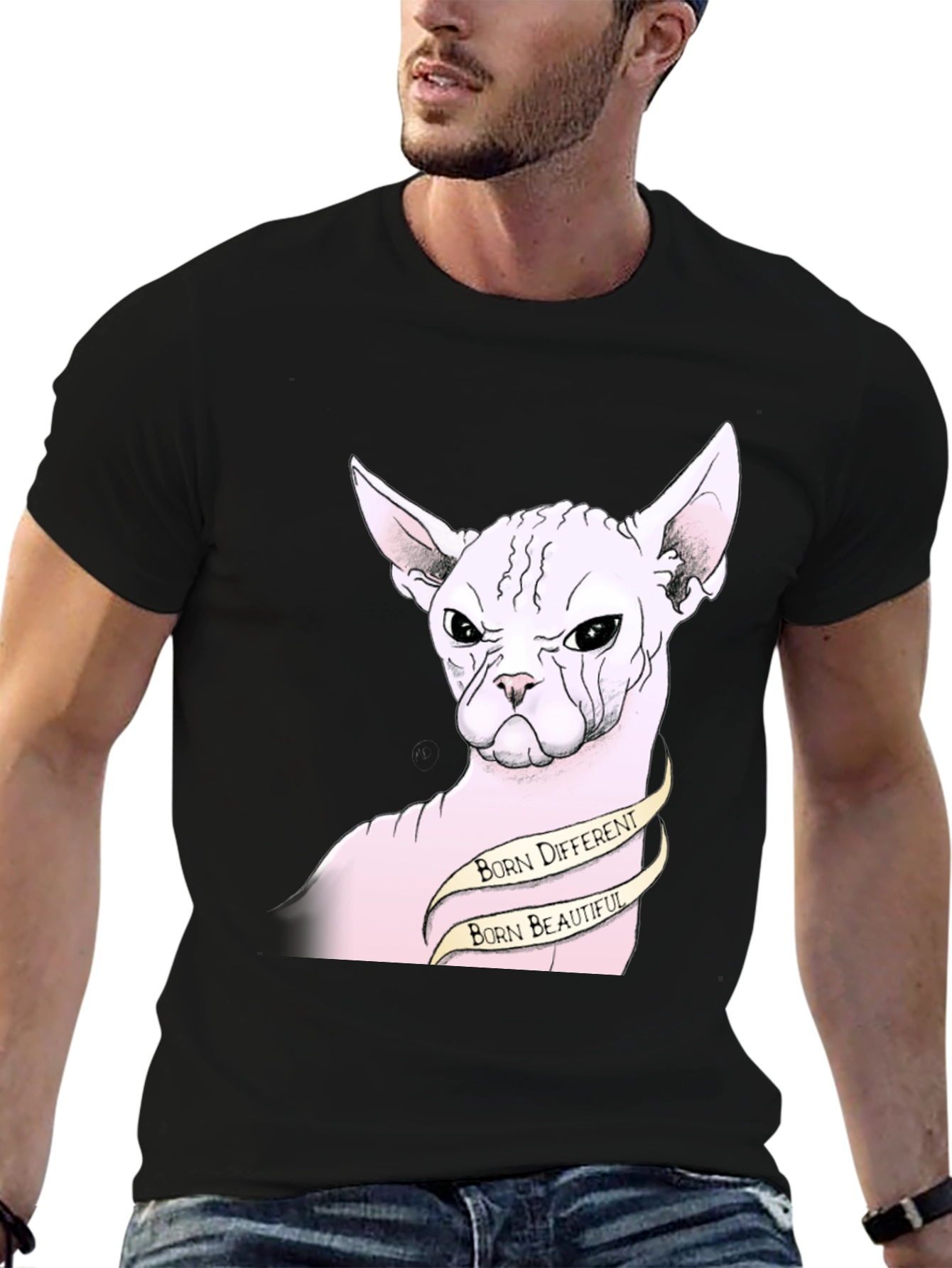 Black Unique Sphynx Cat Graphic Tee - Born Different, Beautiful view 6