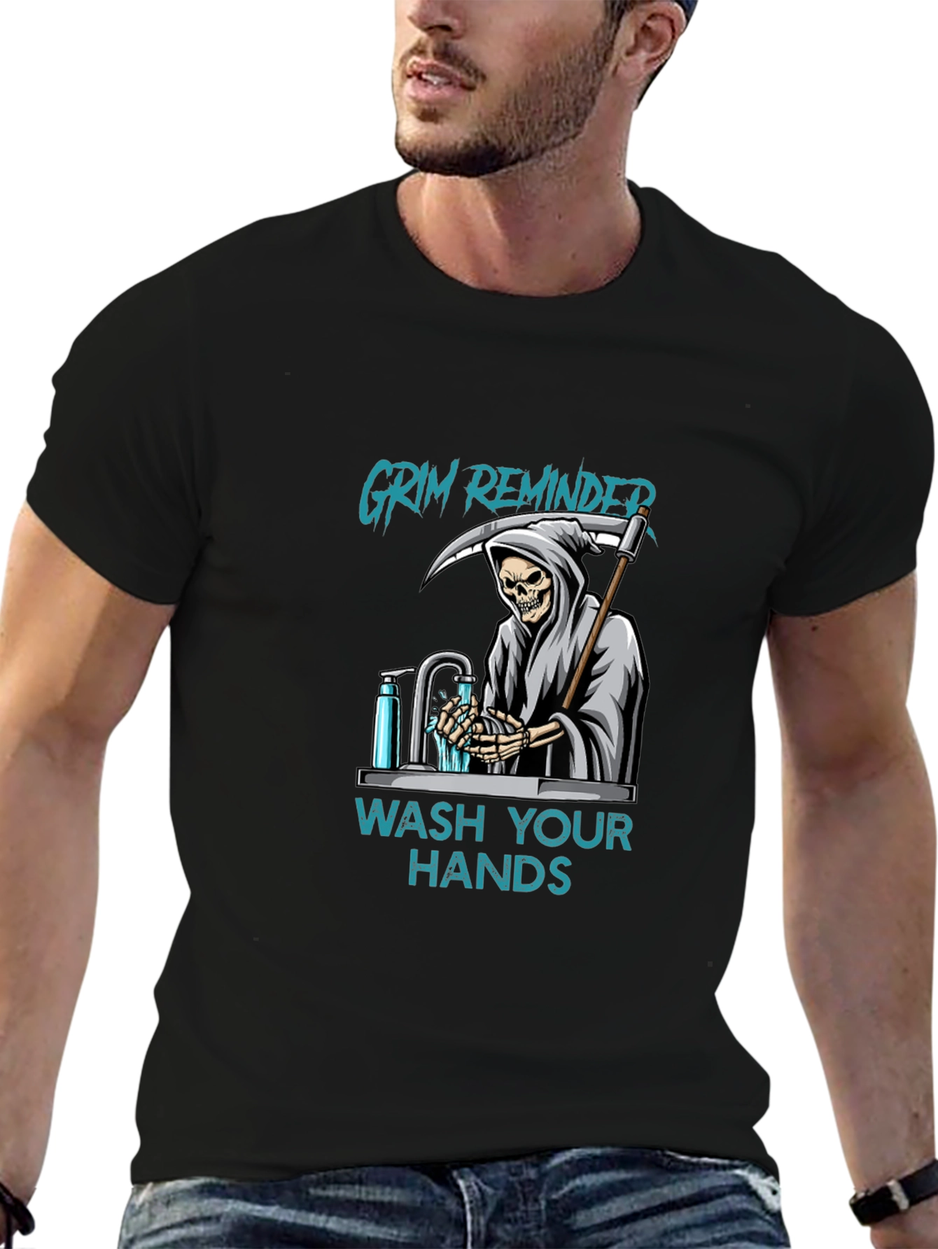 Black Grim Reminder Wash Your Hands Graphic Tee view 6