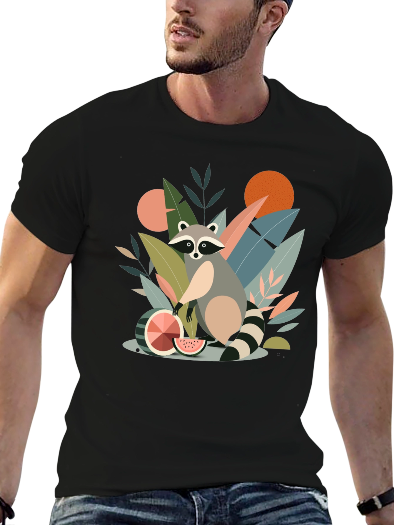 Black Whimsical Raccoon Graphic T-Shirt - Unique Design view 6