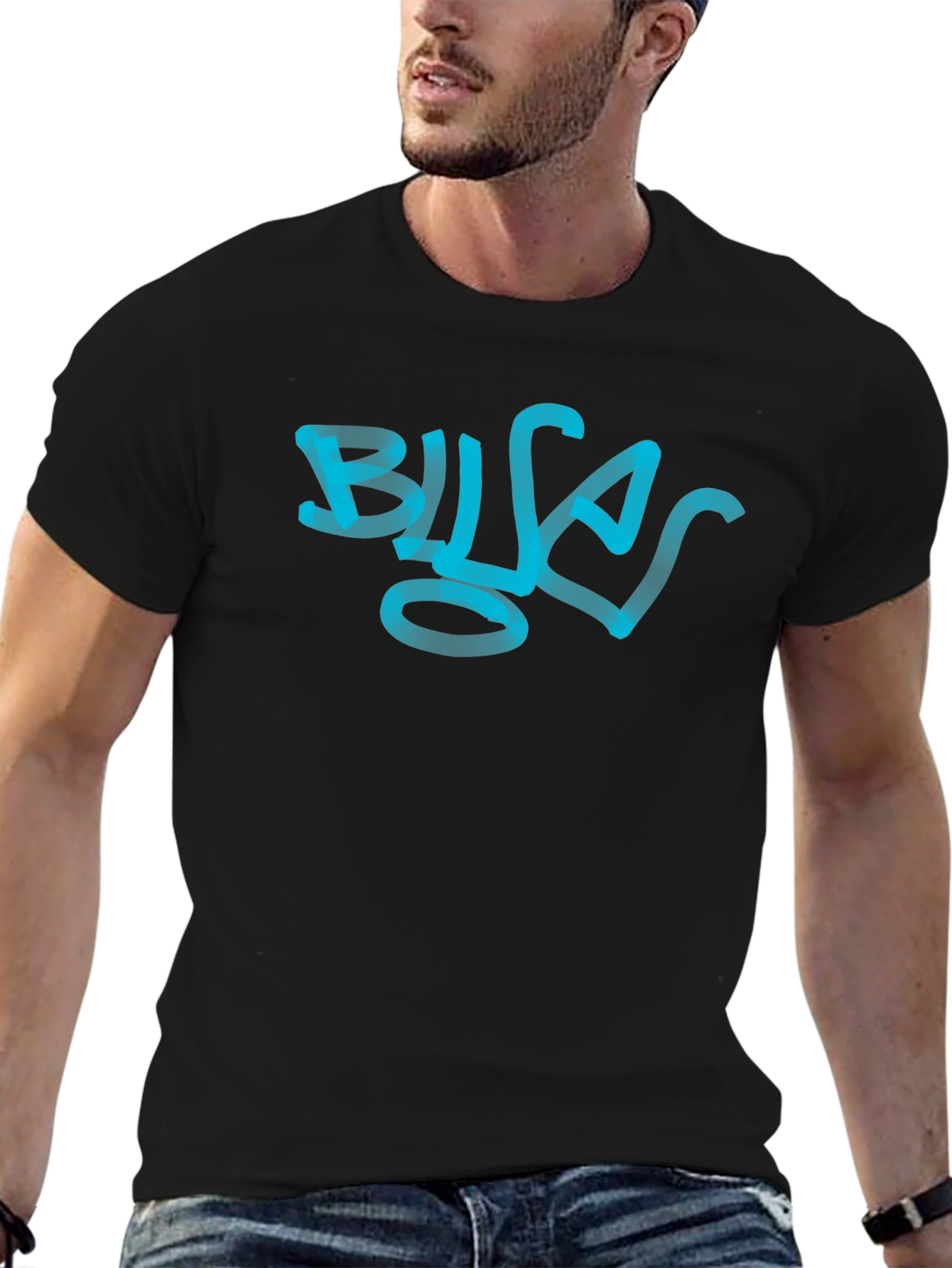 Black Men's Black Graphic Tee - Blue Graffiti Design view 6