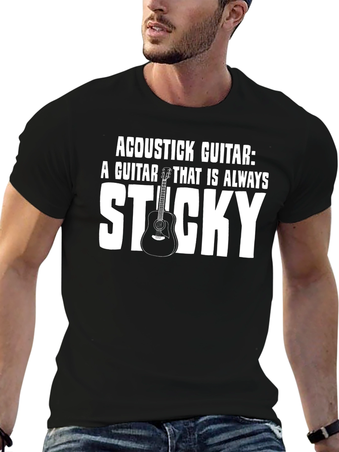 Black Acoustic Guitar Sticky Joke Graphic T-Shirt view 6