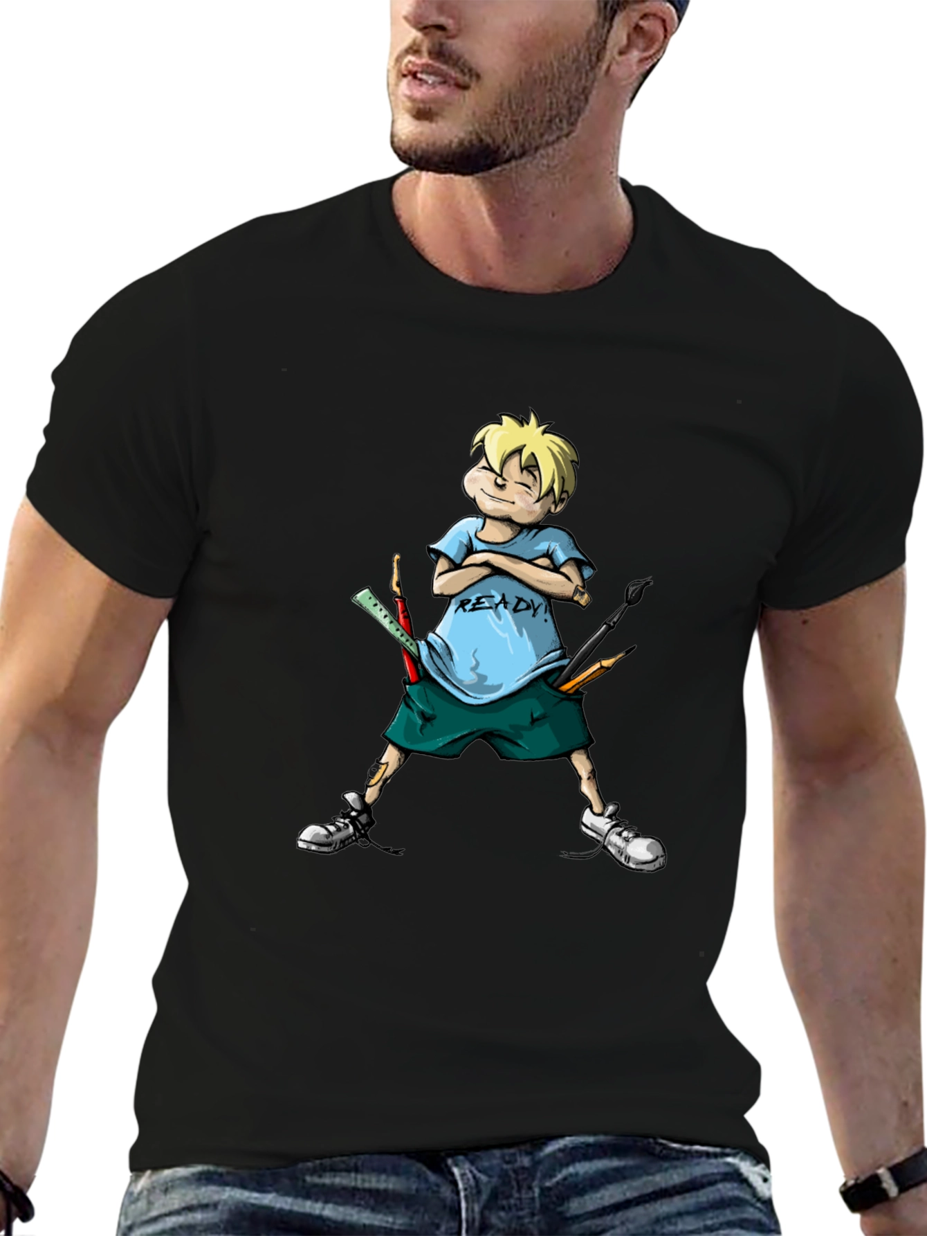 Black Cartoon Boy "Ready" T-Shirt view 6