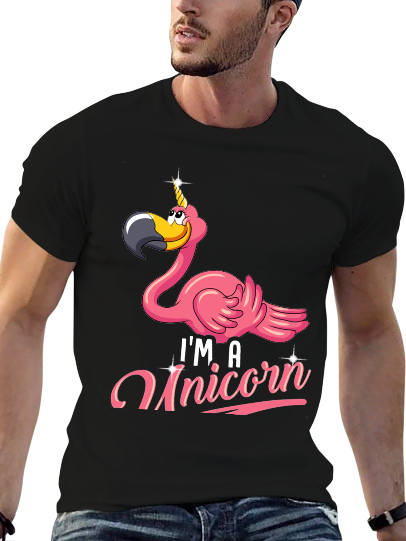 Black Funny Flamingo Unicorn Men's Black T-Shirt view 6