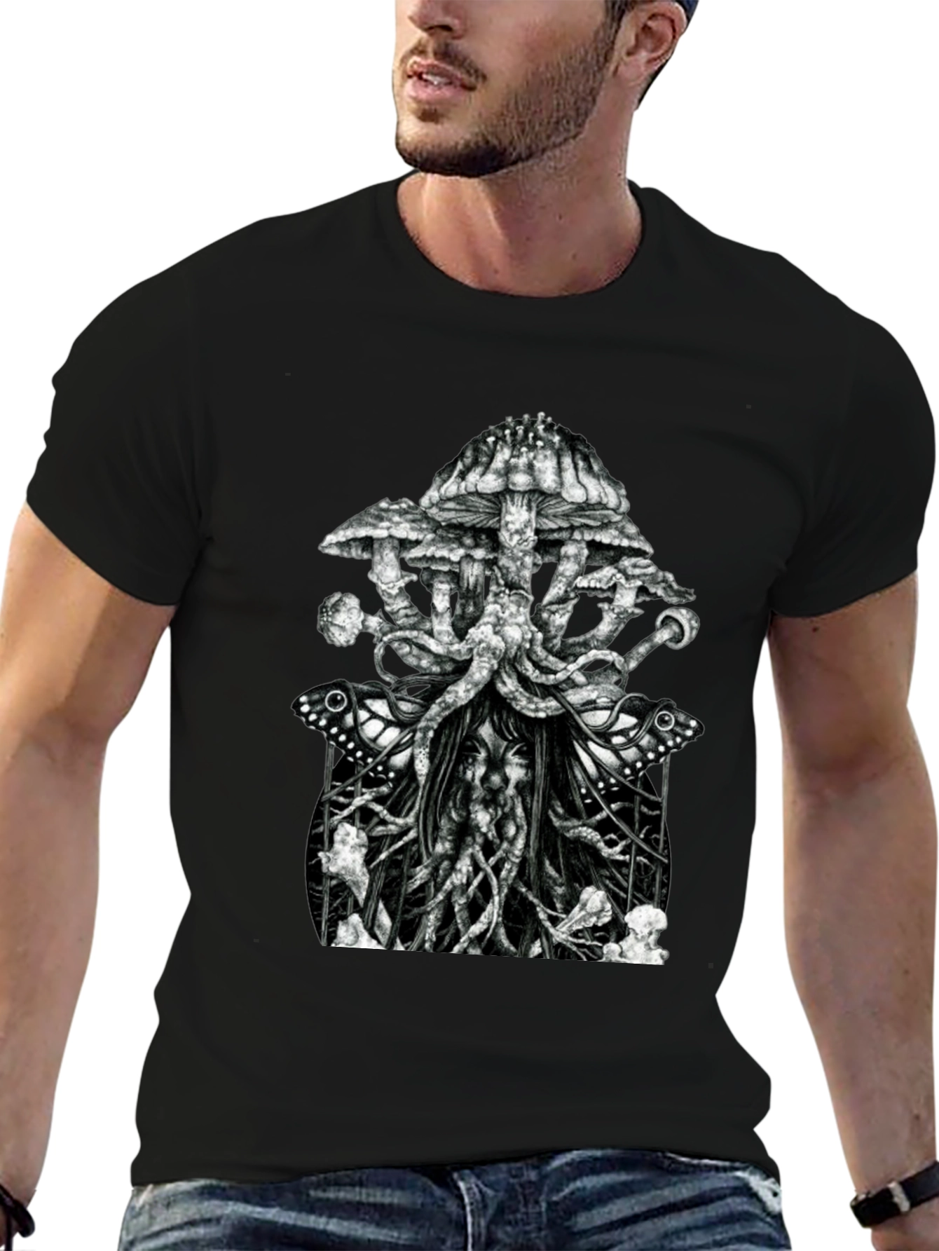 Black Mushroom & Butterfly Graphic Tee - Unique Design view 6