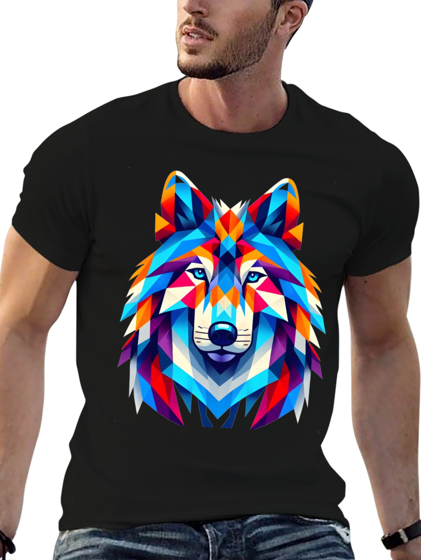 Black Geometric Wolf Head Graphic T-Shirt - Black view 6