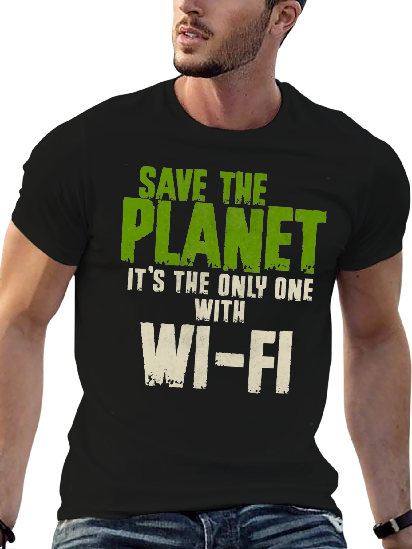 Black Save the Planet T-Shirt - Wi-Fi Humor Tee view 6