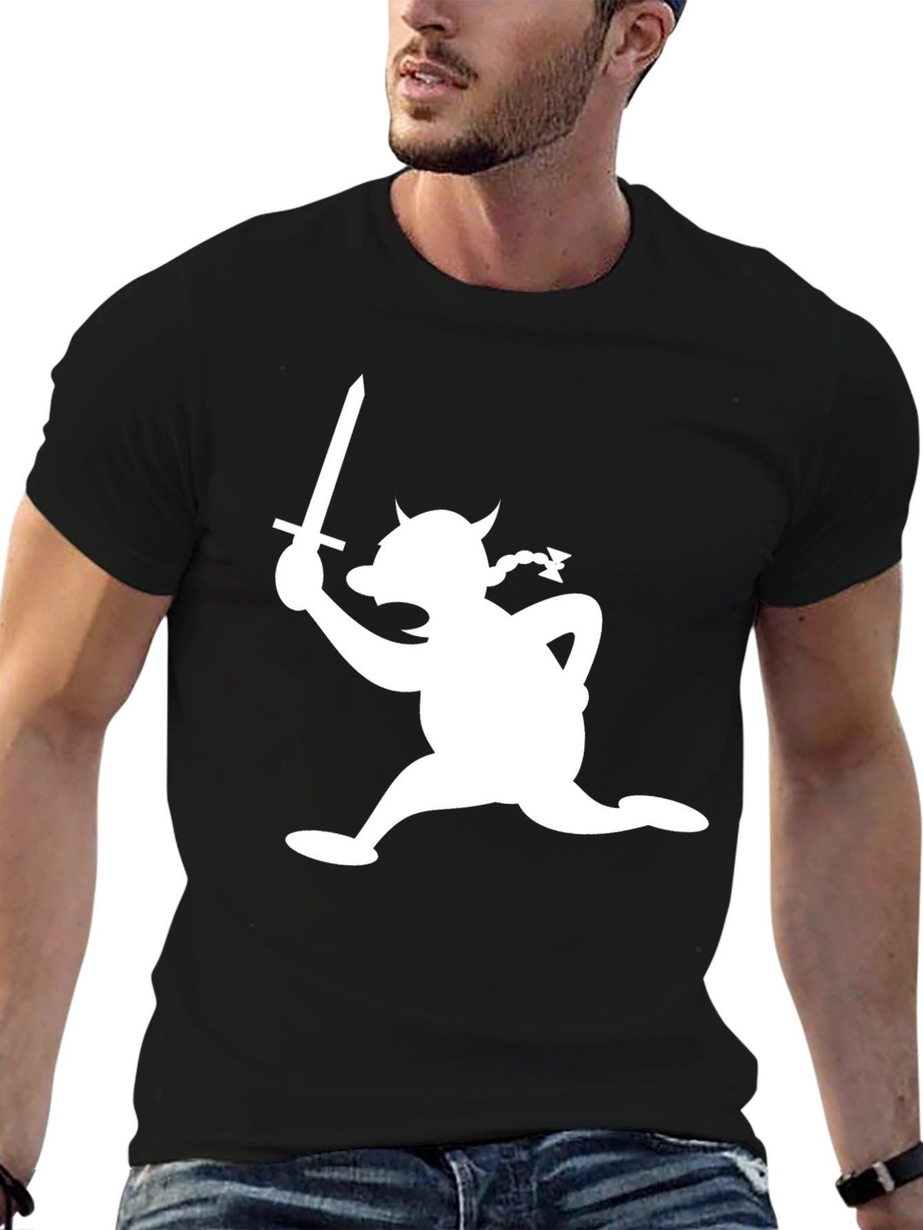 Black Viking Cartoon Graphic Tee - Black Cotton Casual Shirt view 6