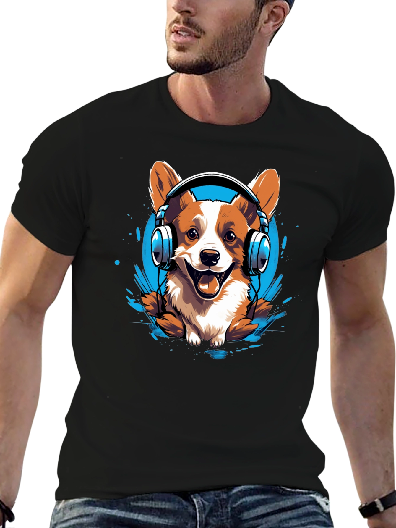 Black Corgi Headphones Graphic Tee view 6