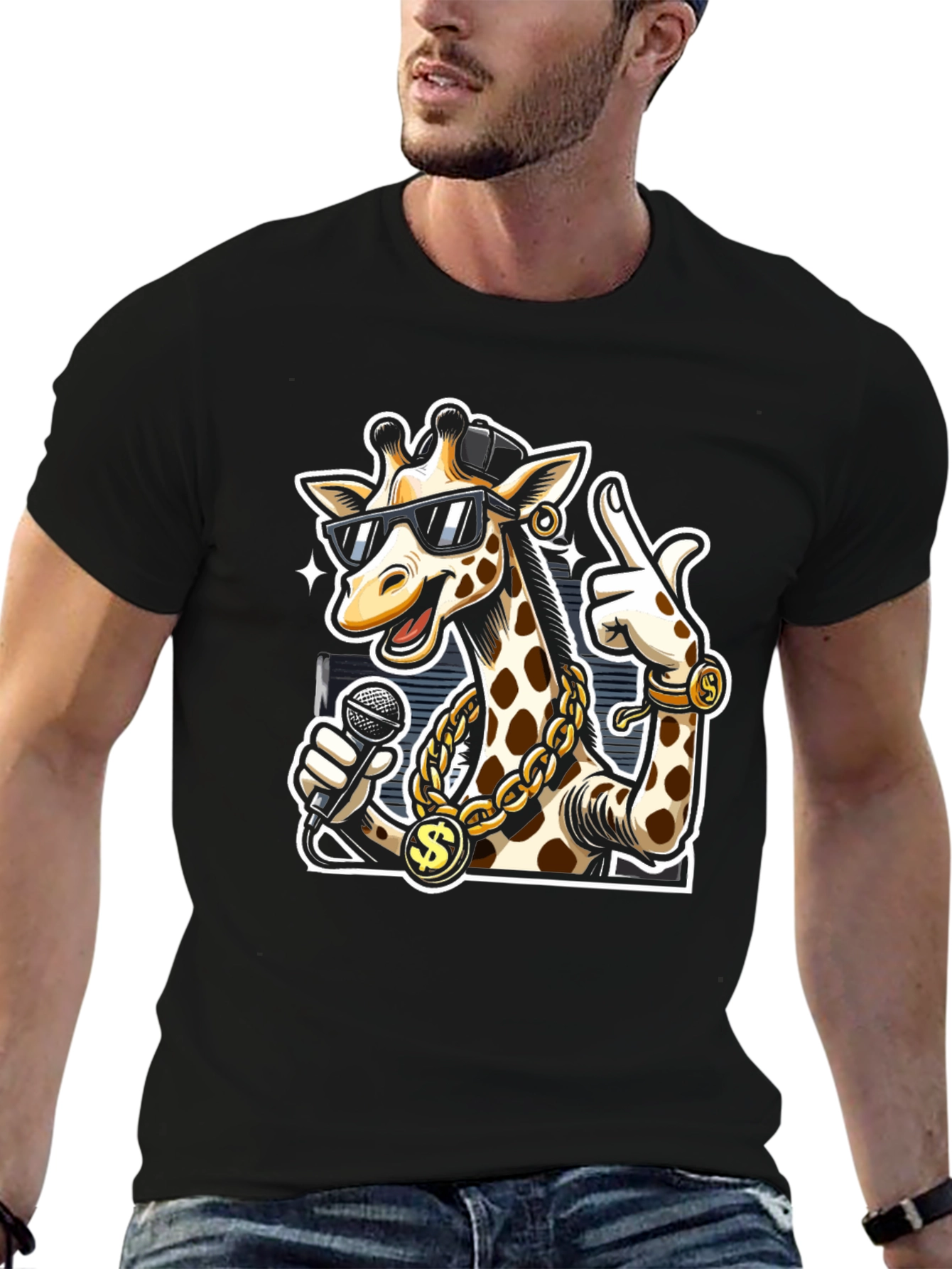 Black Rapper Giraffe T-Shirt - Funny Cartoon Graphic Tee view 6