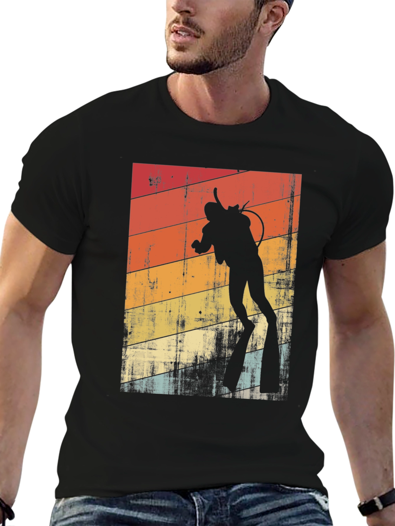 Black Vintage Diver T-Shirt - Retro Scuba Diving Design view 6