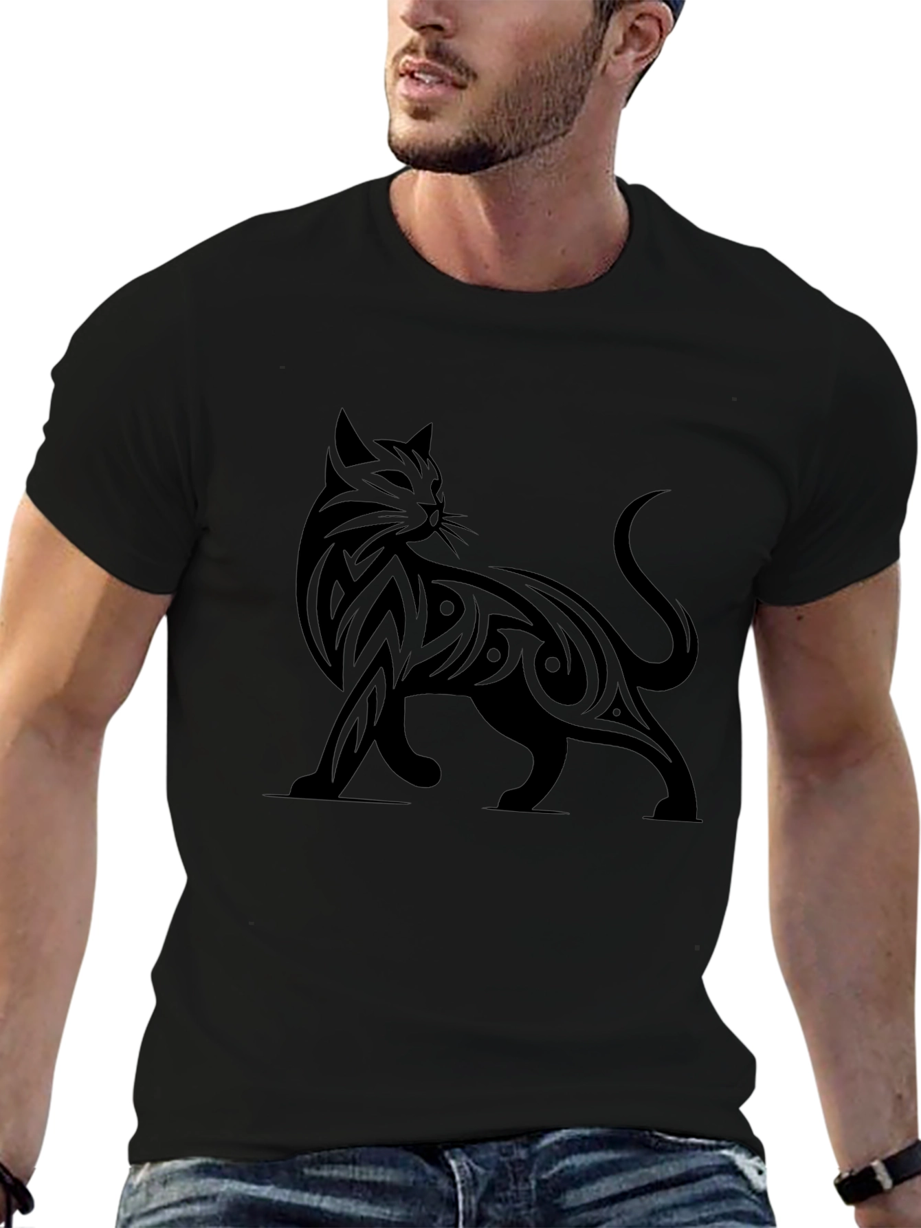 Black Tribal Cat Graphic Print T-Shirt view 6