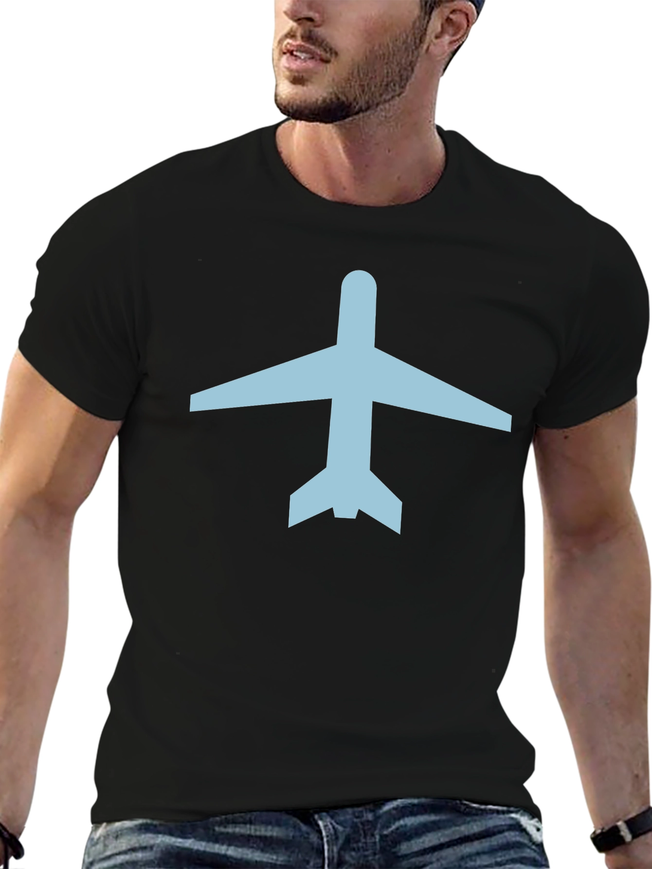 Black Airplane Graphic Tee - Black Cotton Crew Neck T-Shirt view 6
