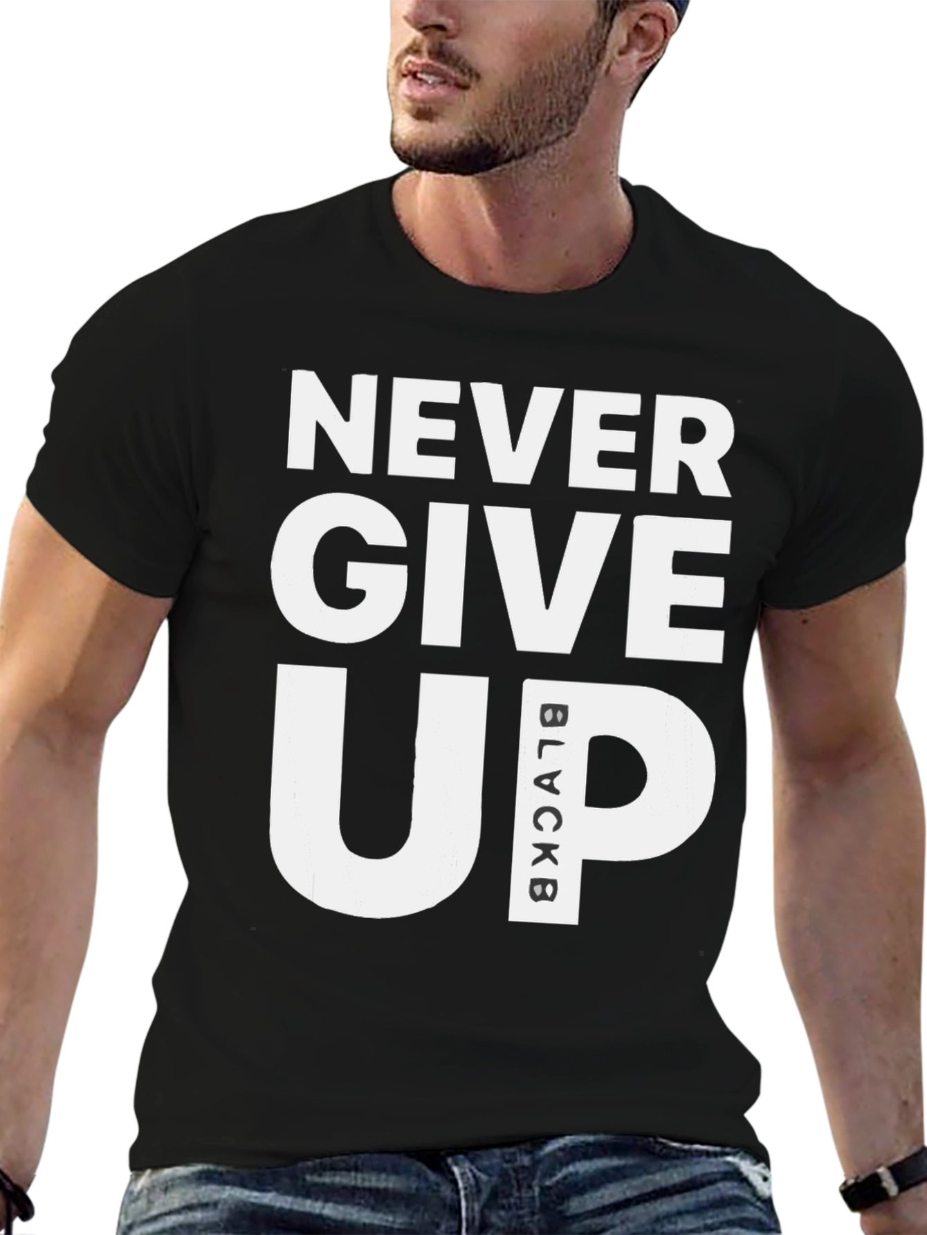 Black Never Give Up Black T-Shirt Motivational Graphic Tee view 6