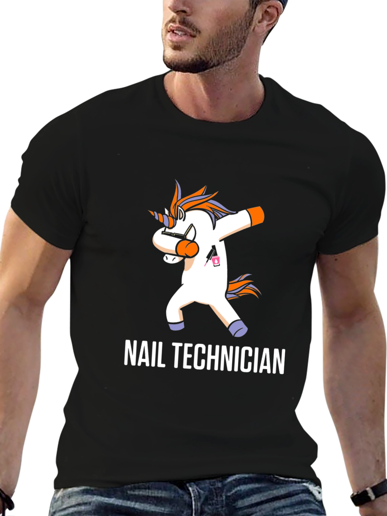 Black Nail Technician Dabbing Unicorn T-Shirt view 6