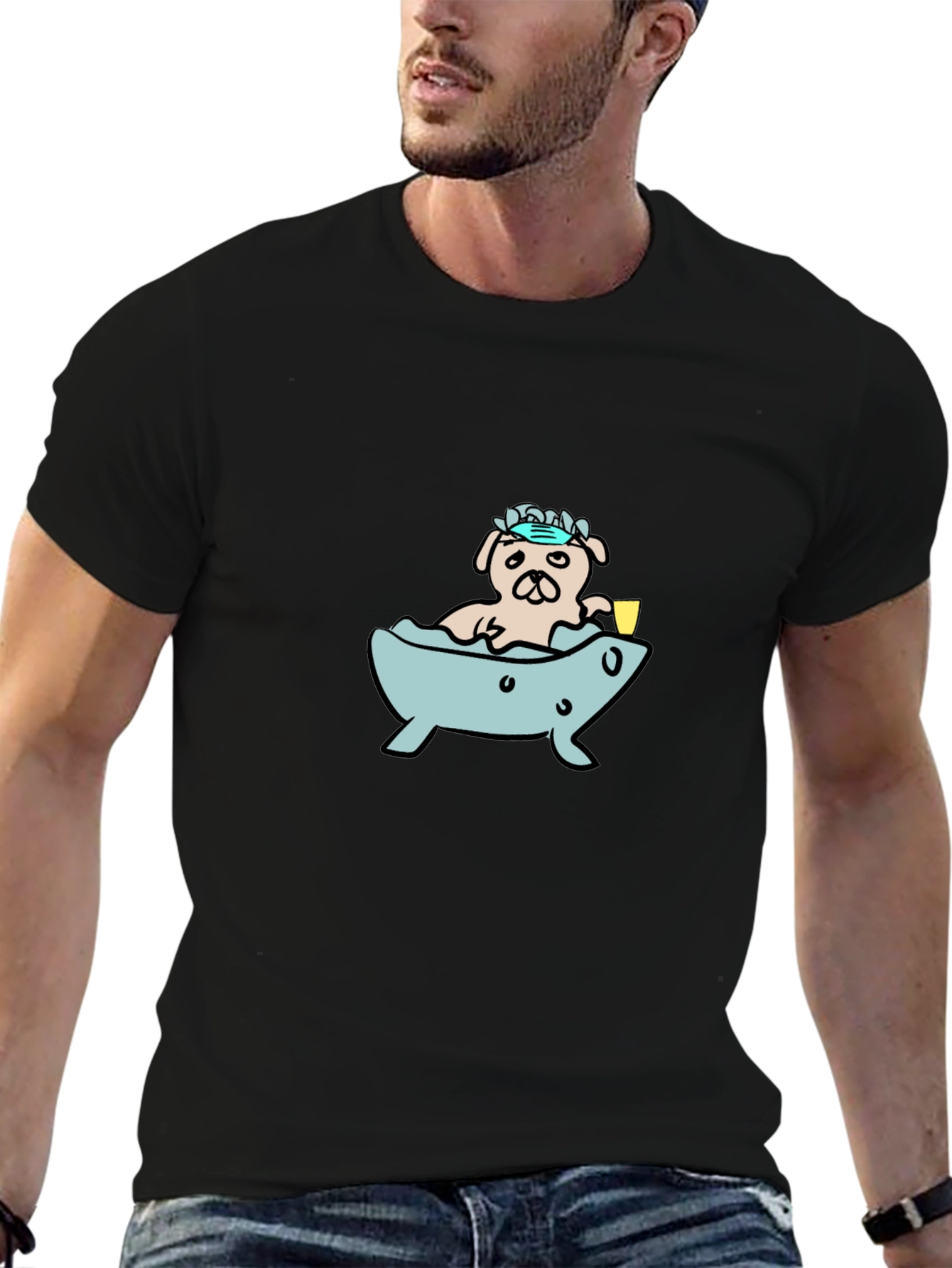 Black Pug in Tub T-Shirt - Cartoon Dog Tee view 6