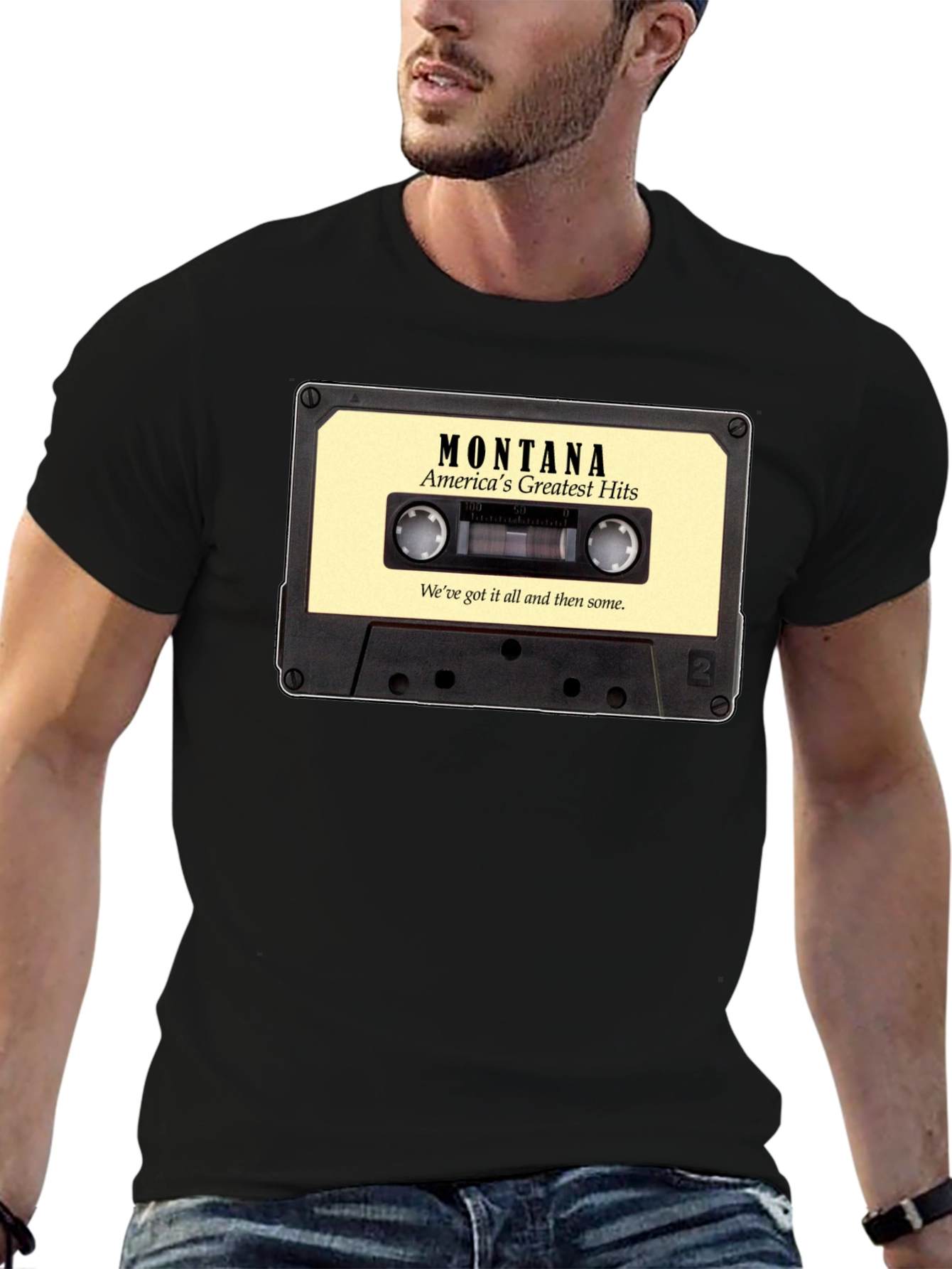 Black Montana's Greatest Hits Cassette Tape Graphic T-Shirt view 6