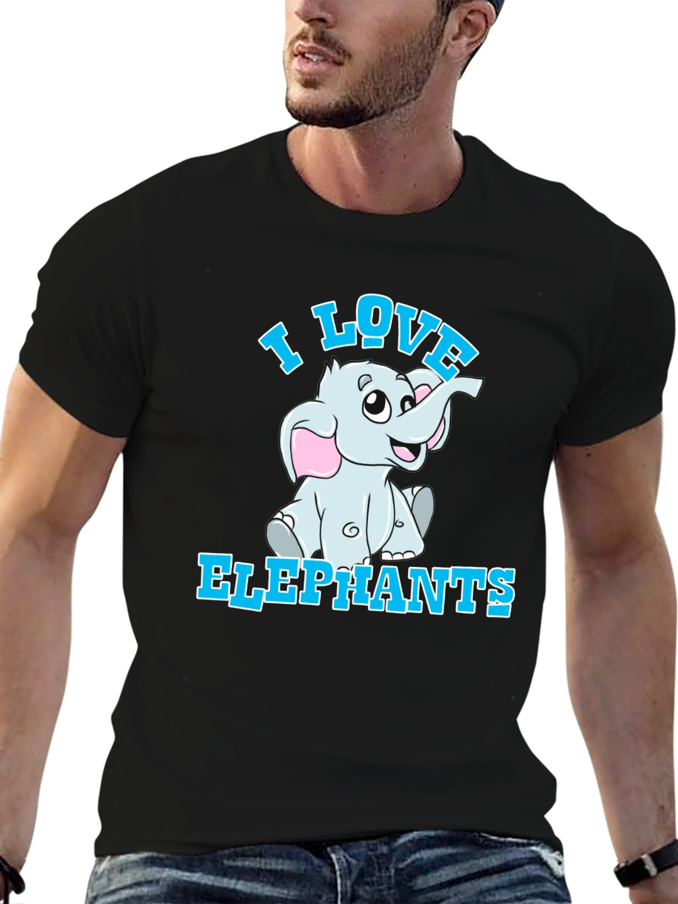 Black I Love Elephants T-Shirt - Cute Cartoon Graphic Tee view 6