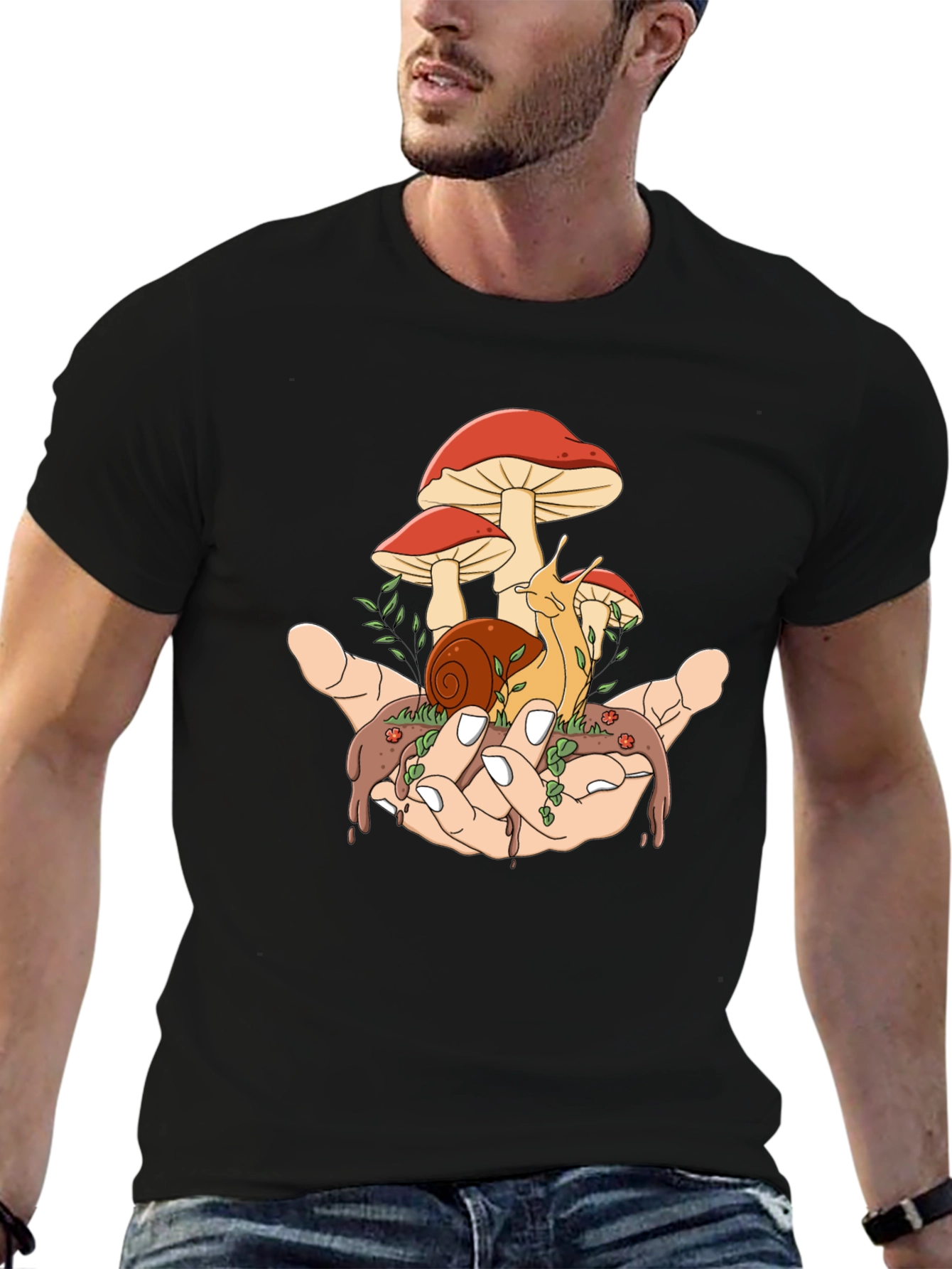 Black Mushroom Snail Hand Graphic T-Shirt view 6