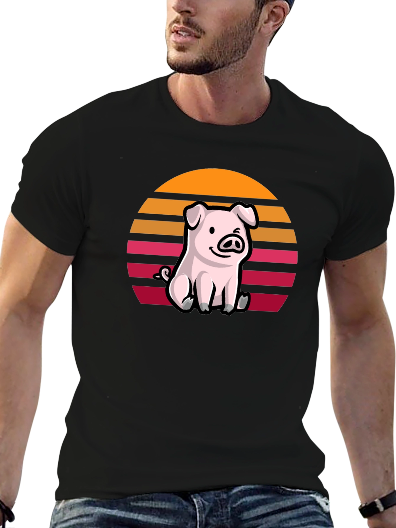 Black Cute Pig Sunset Graphic T-Shirt view 6