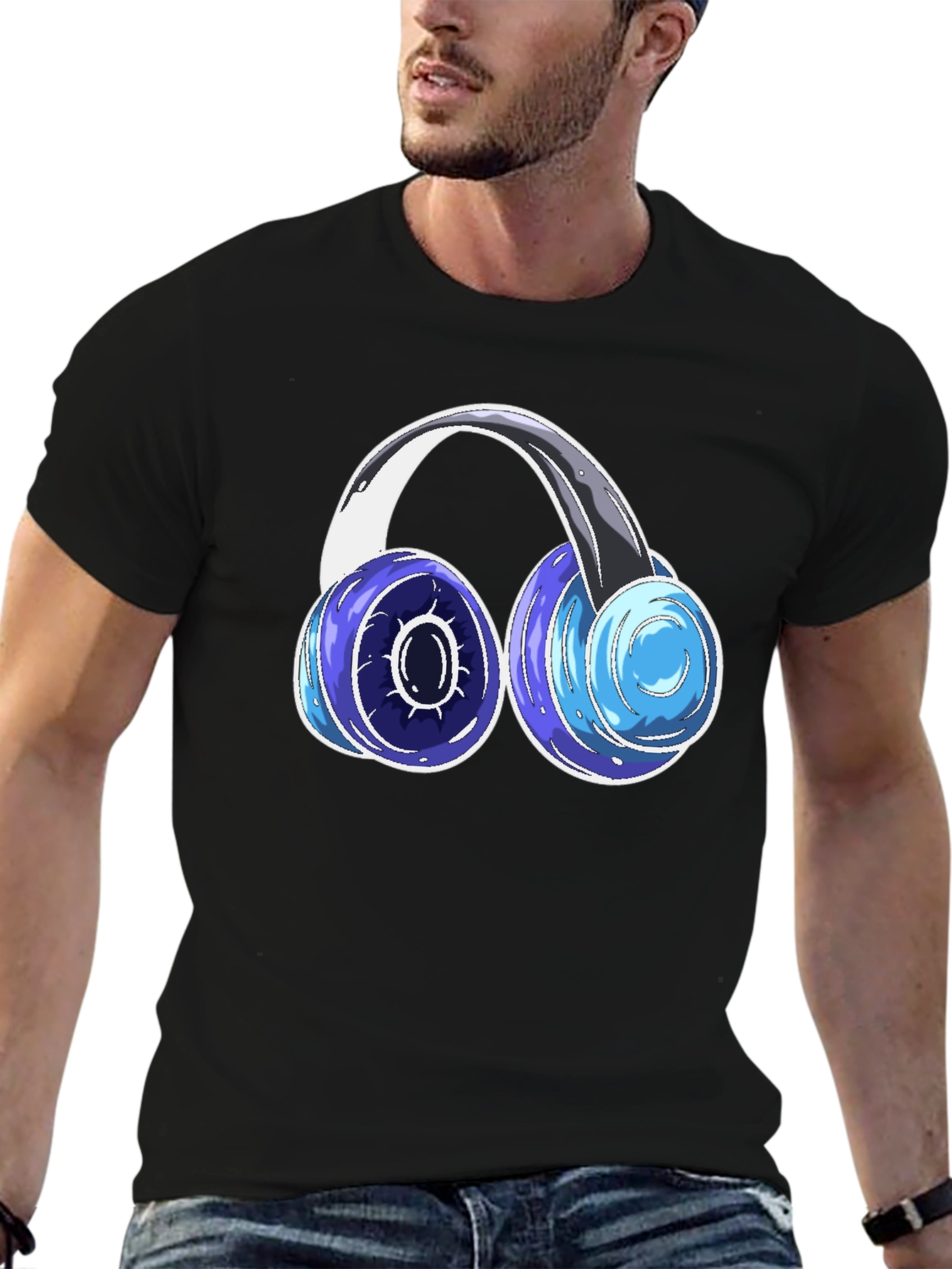 Black Cool Headphones Graphic Tee - Black Cotton Blend view 6