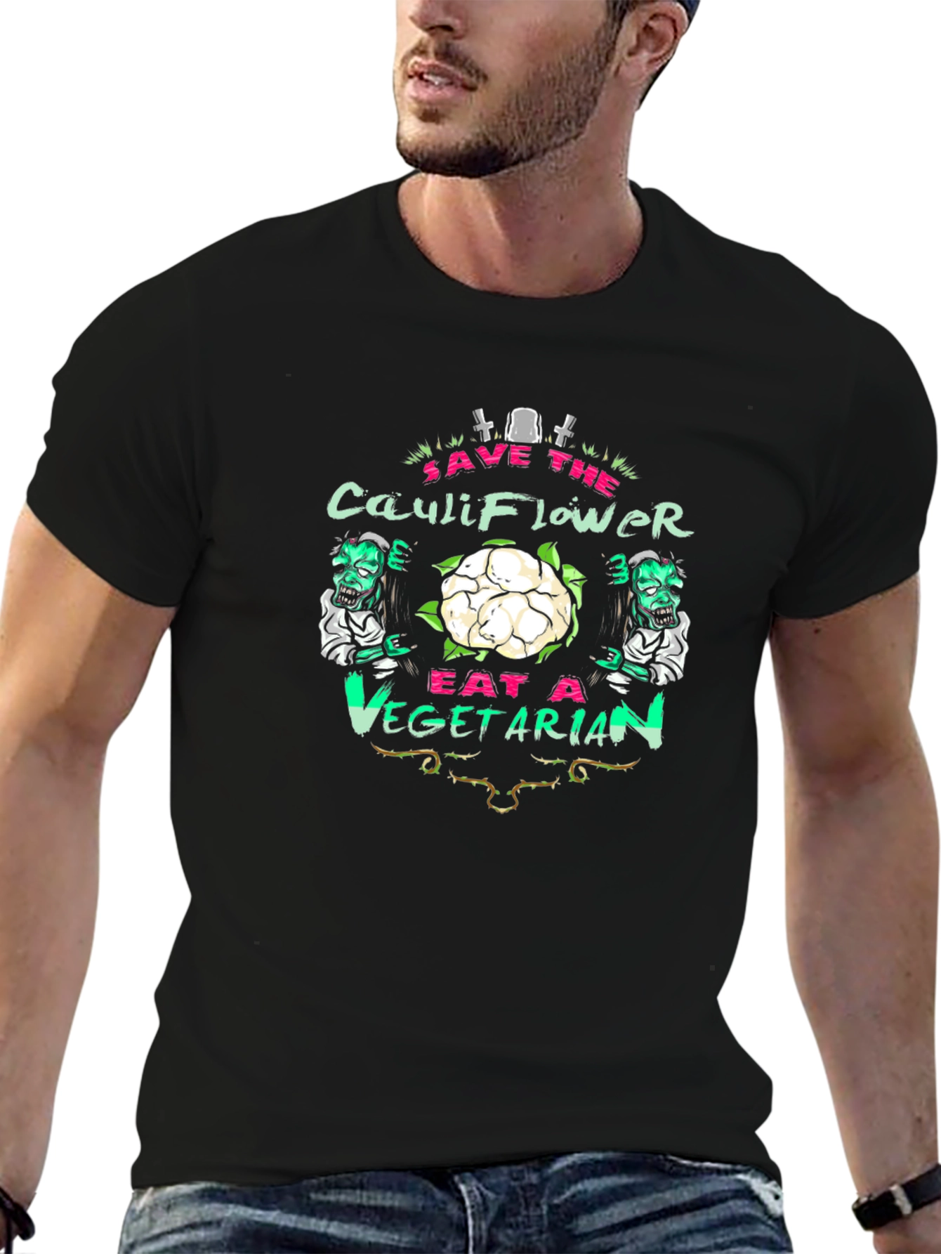 Black Save the Cauliflower Eat A Vegetarian Graphic T-Shirt view 6