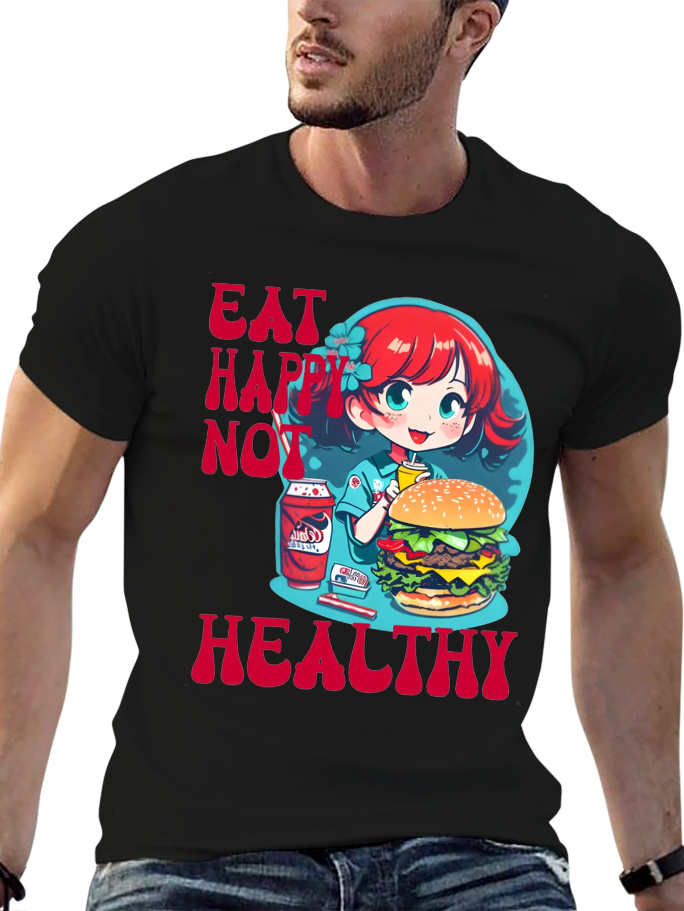 Black Eat Happy Not Healthy Graphic Tee view 6