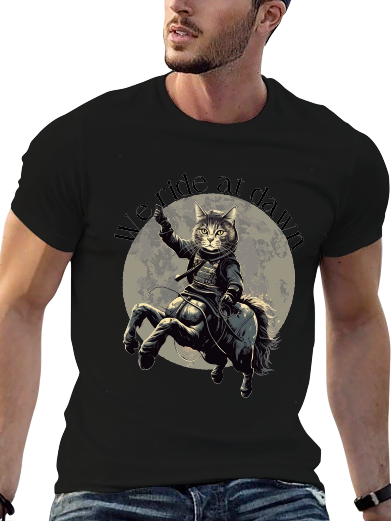 Black We Ride at Dawn Cat Centaur Graphic T-Shirt view 6