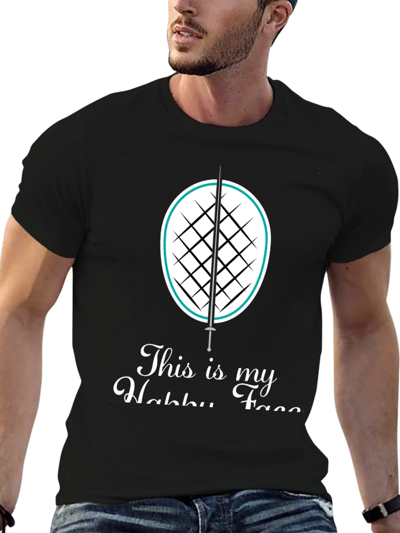 Black Fencing Hobby T-Shirt: Black Cotton Tee with Sword & Racket Design view 6