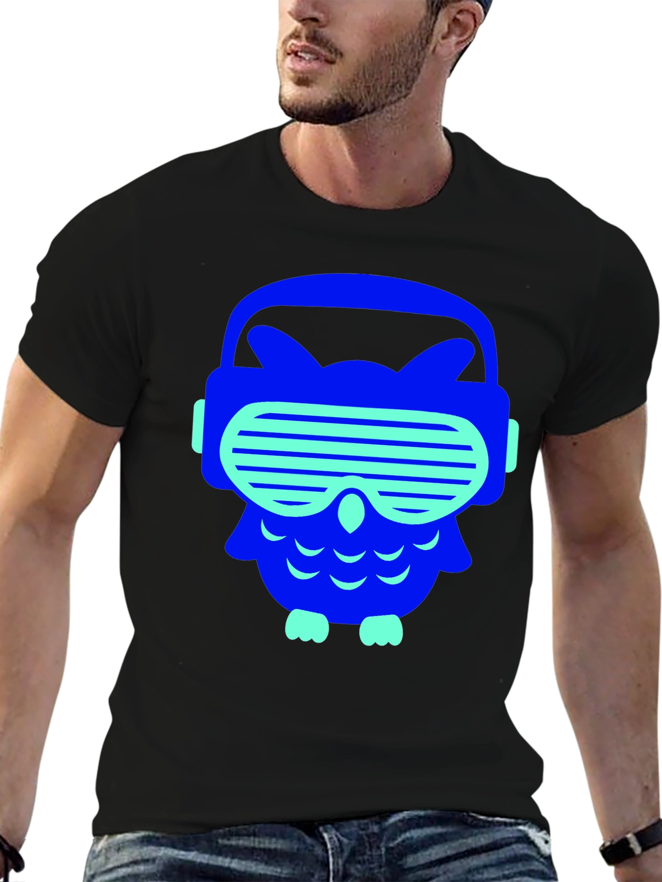 Black Cool Cyberpunk Owl Graphic Tee - Black Cotton T-Shirt view 6