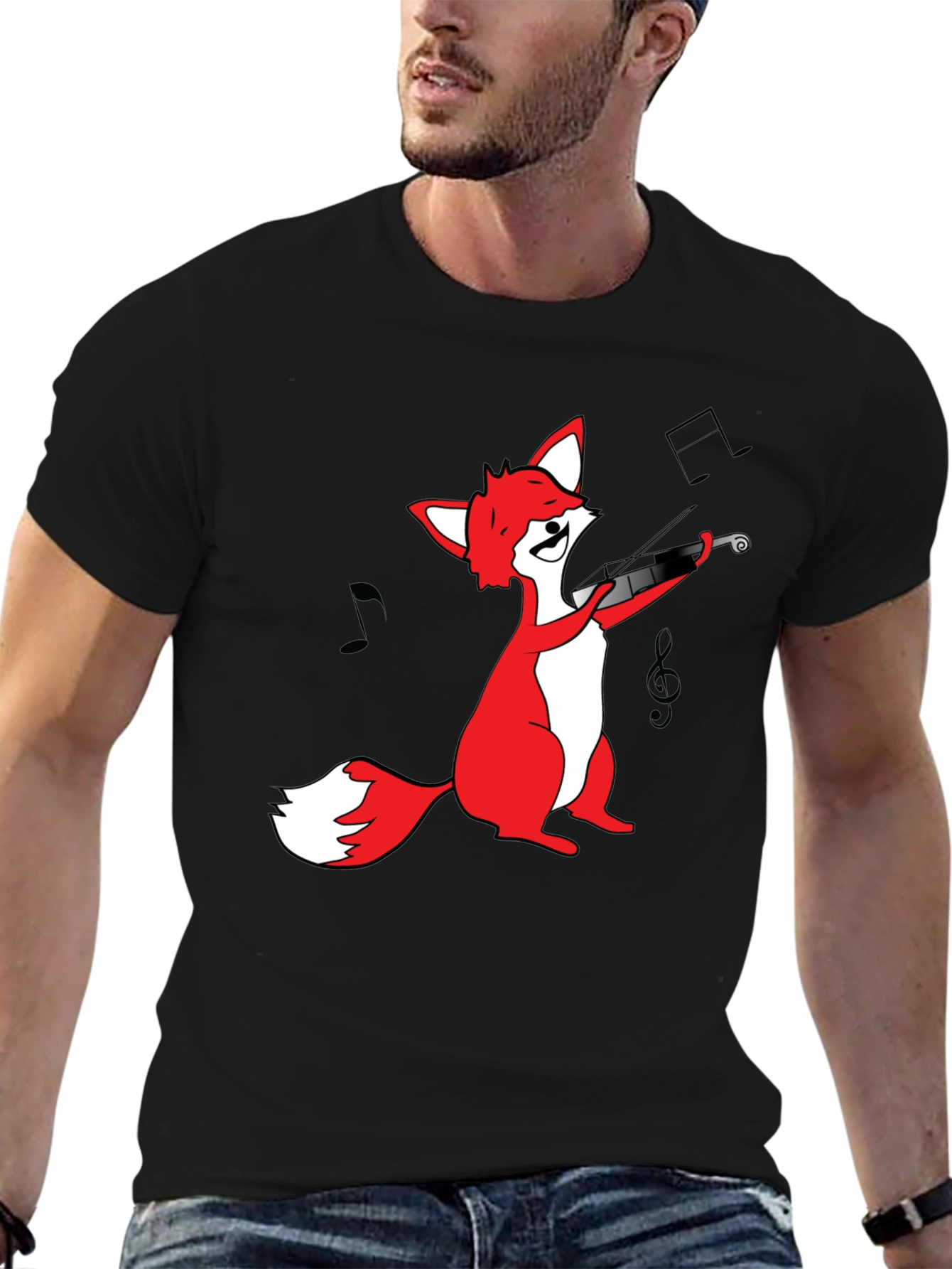 Black Fox Violinist T-Shirt - Black Graphic Tee view 6