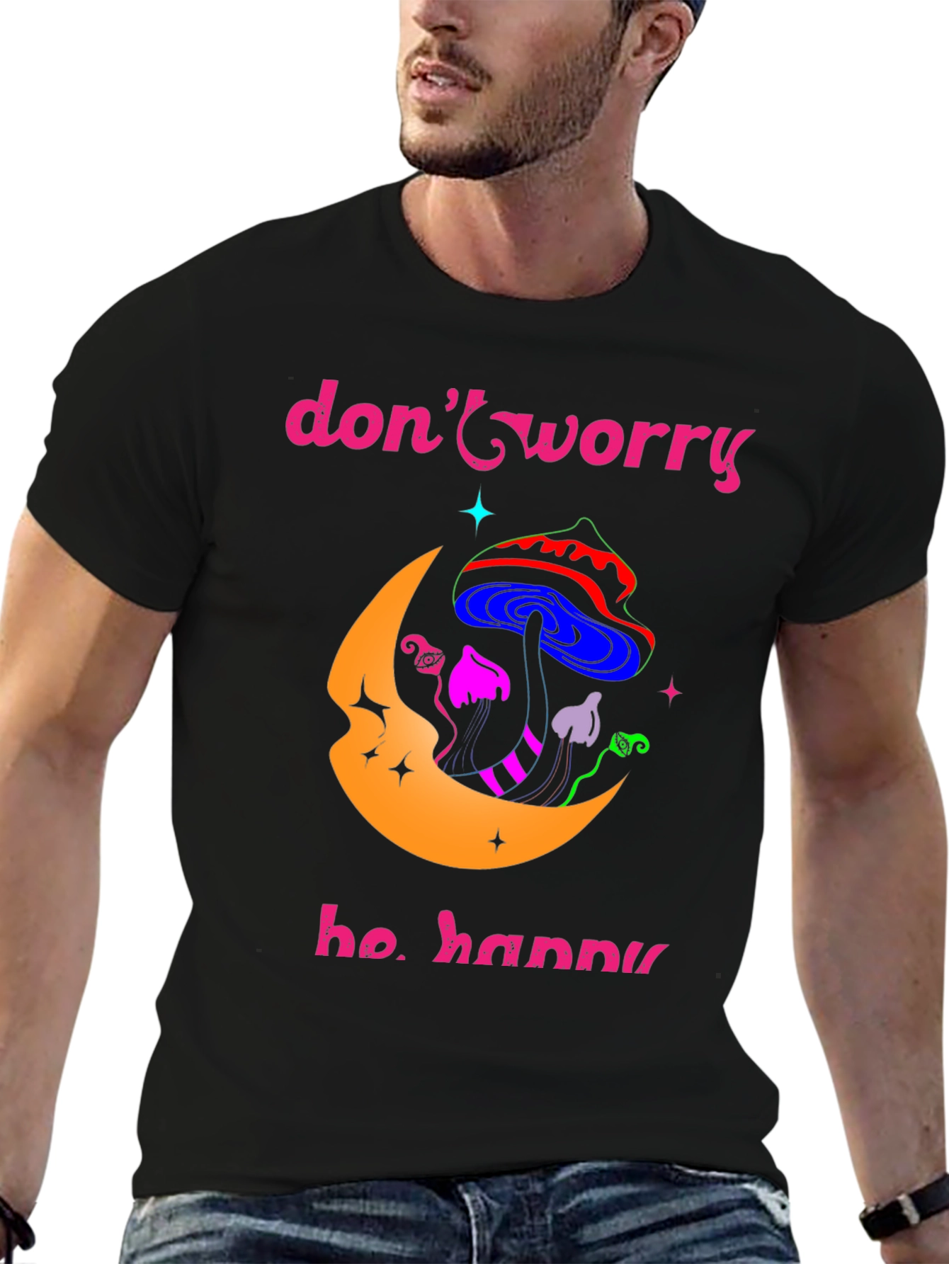 Black Don't Worry Be Happy Graphic T-Shirt view 6