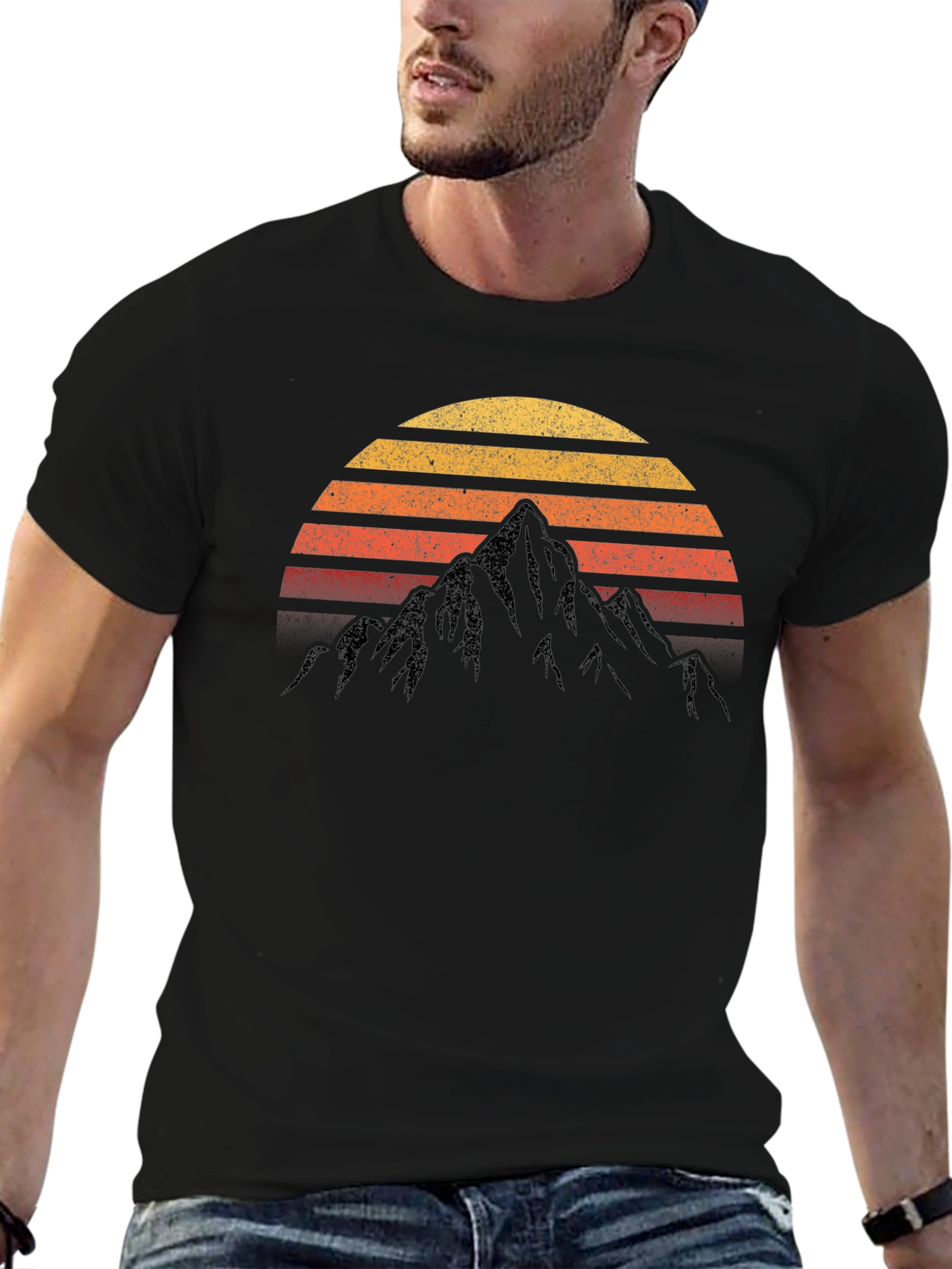 Black Retro Mountain Sunset T-Shirt view 6