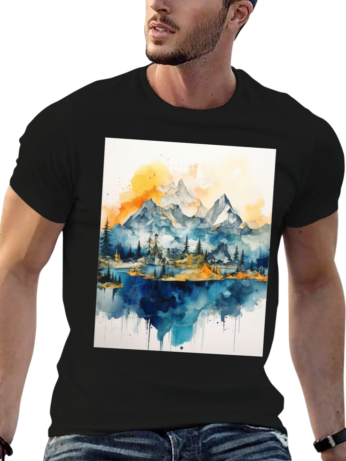 Black Watercolor Mountain Lake Graphic Tee view 6