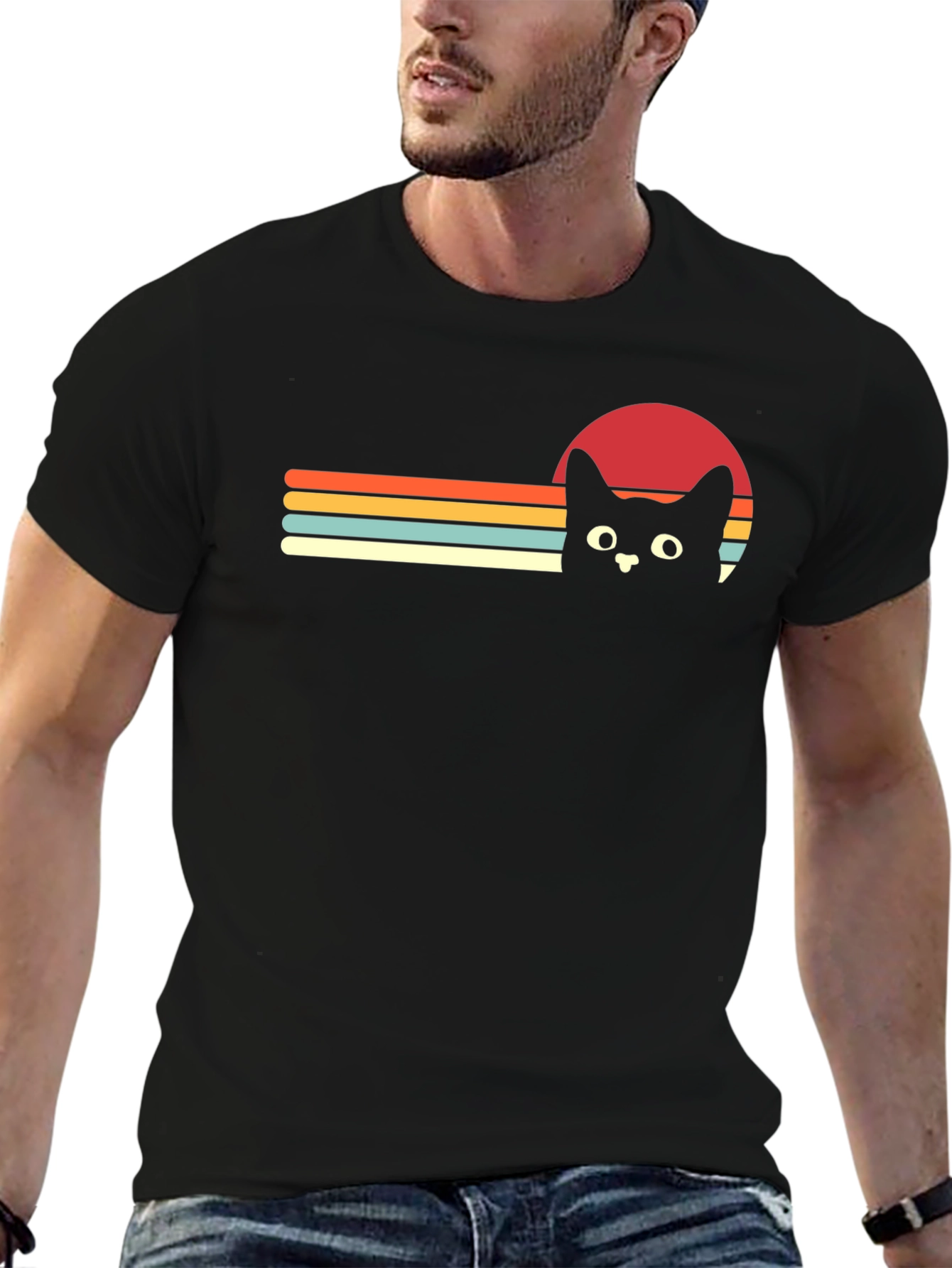 Black Retro Cat Sunset Graphic Tee - Black T-Shirt view 6