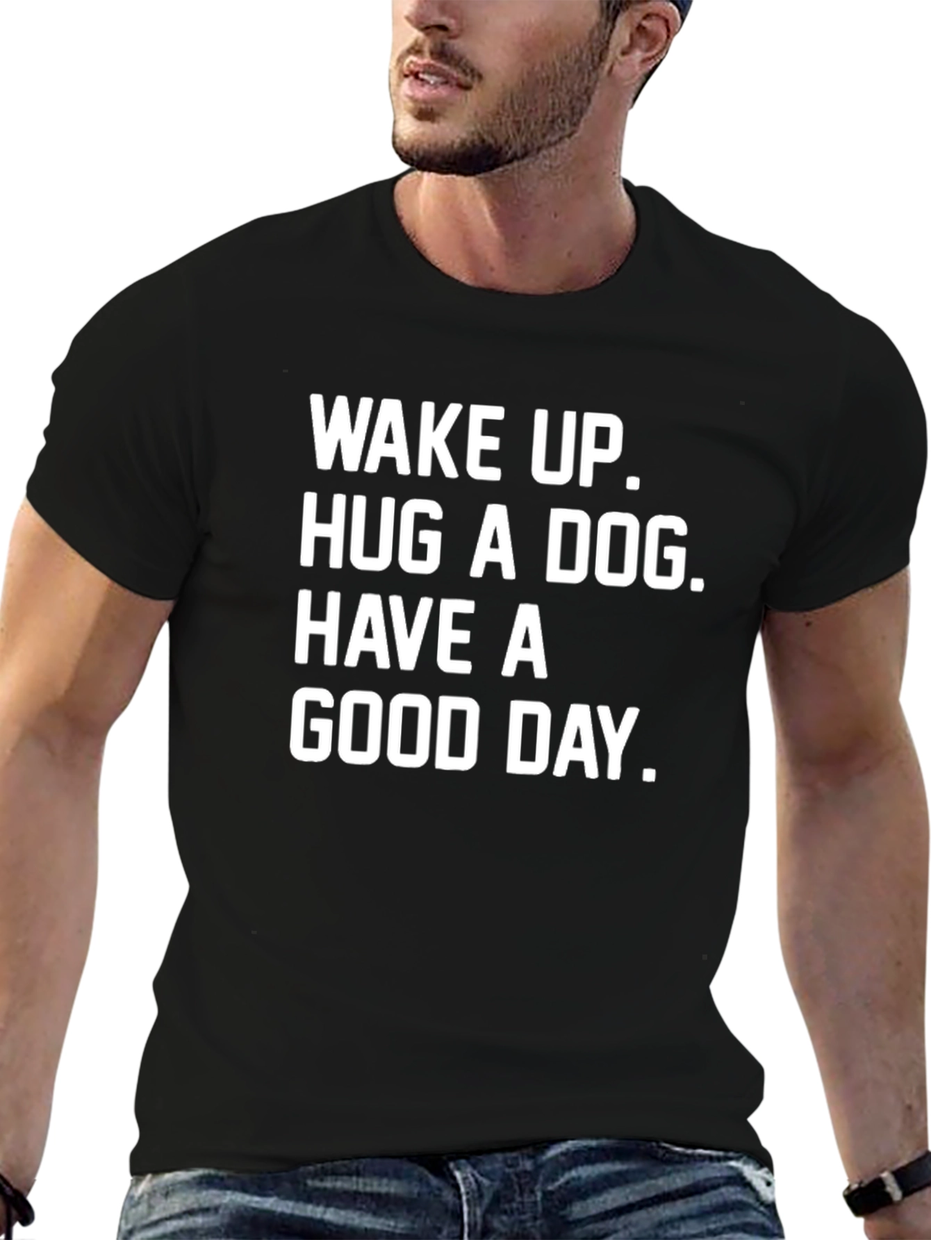 Black Wake Up Hug A Dog T-Shirt - Men's Graphic Tee view 6