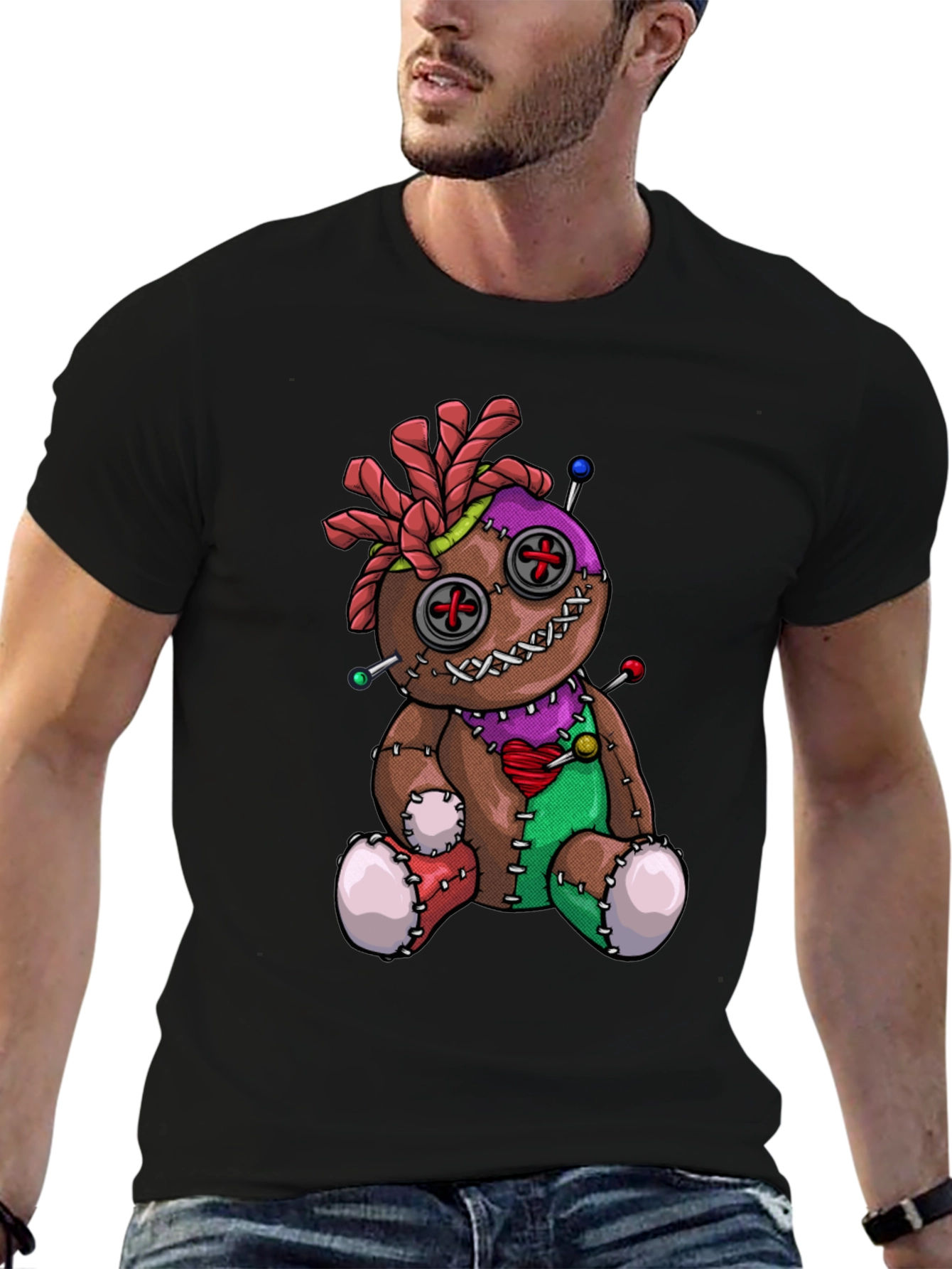 Black Voodoo Doll Graphic T-Shirt - Unique Spooky Design view 6