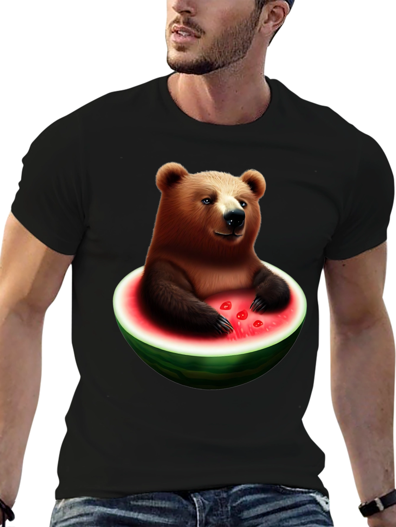 Black Bear in Watermelon Men's Black T-Shirt view 6