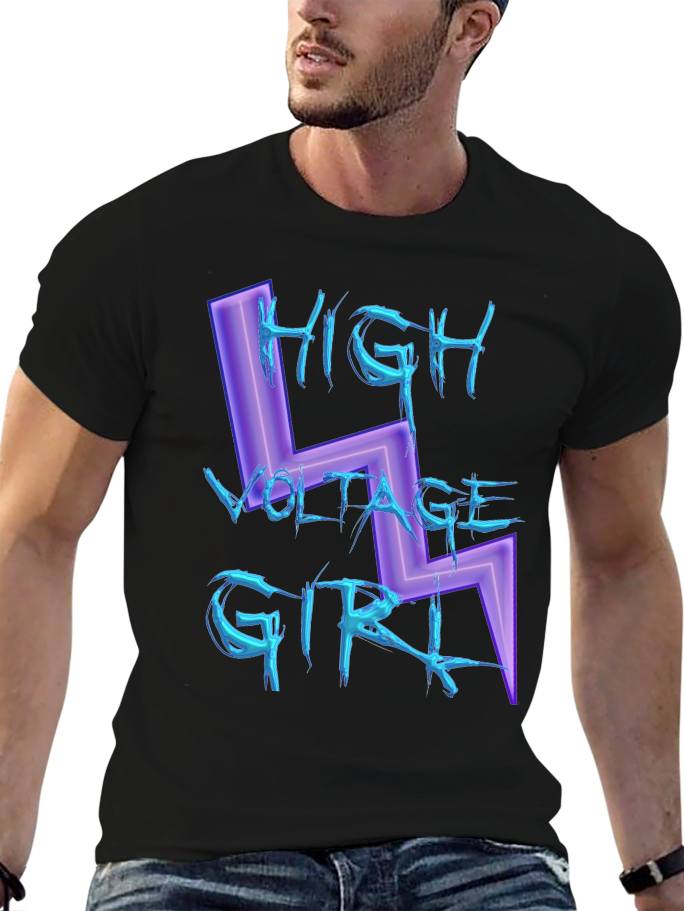 Black High Voltage Girl Graphic Print Black T-Shirt view 6