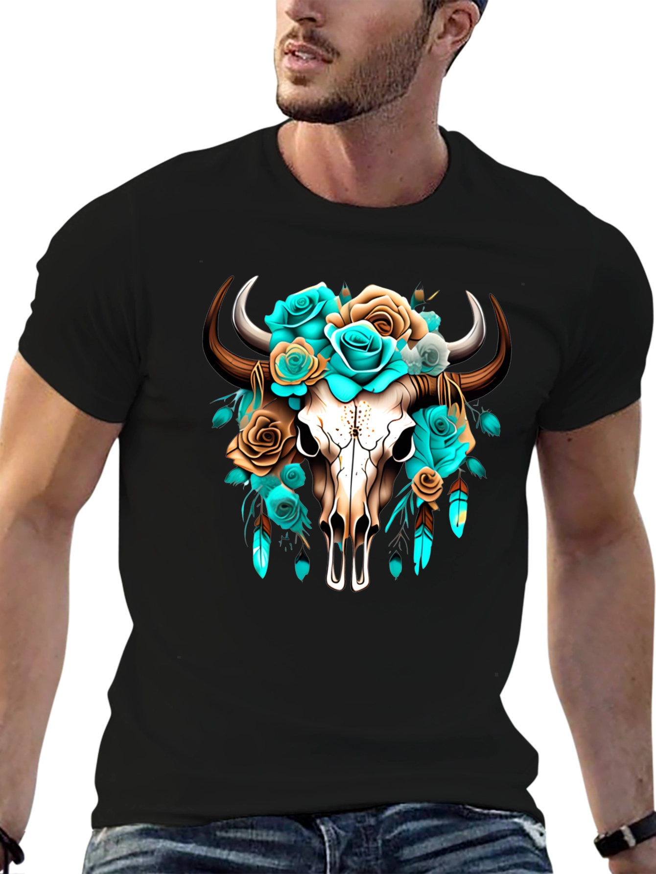 Black Floral Bull Skull Graphic Tee - Western Style view 6