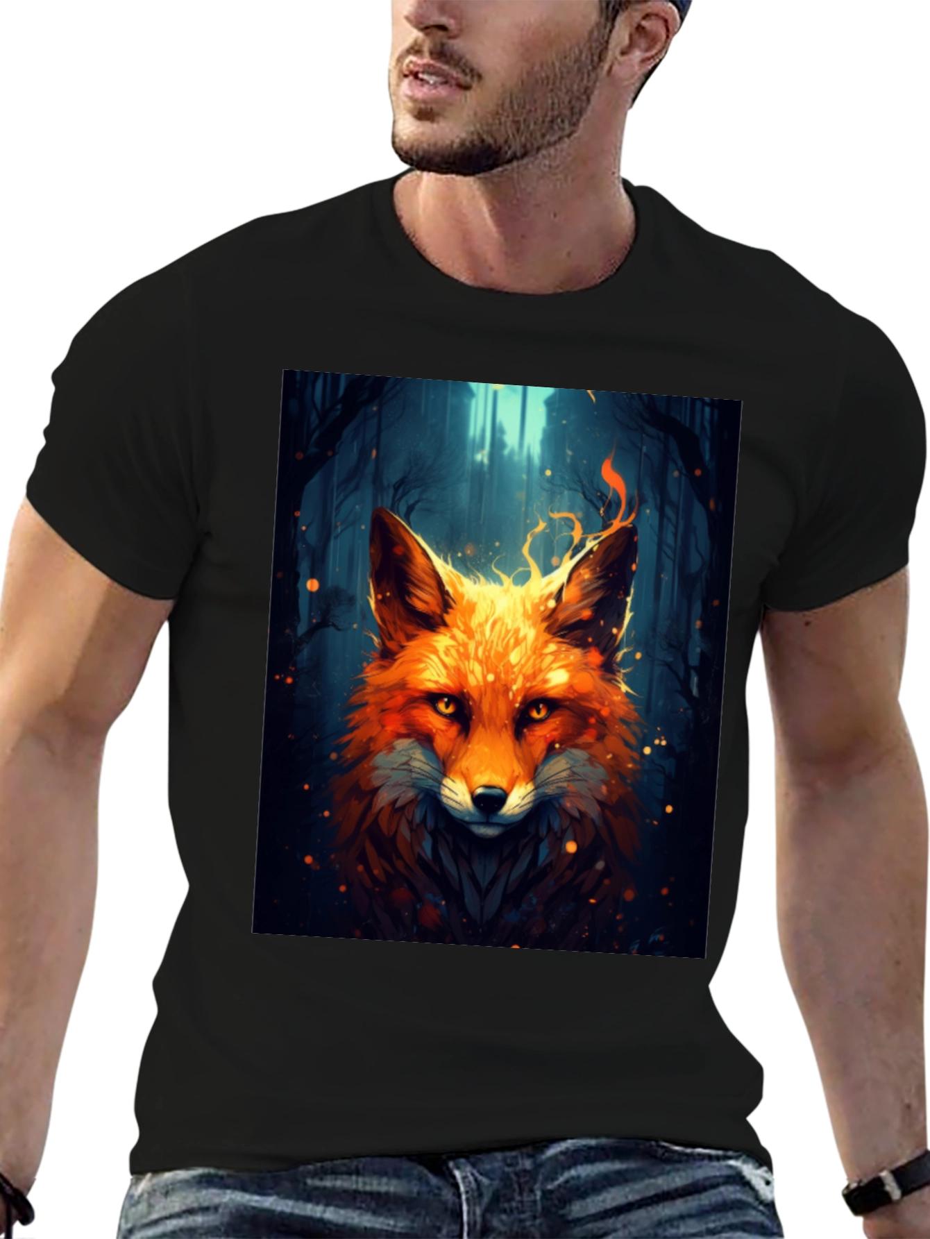 Black Fiery Fox Graphic Tee - Bold Animal Print Shirt view 6