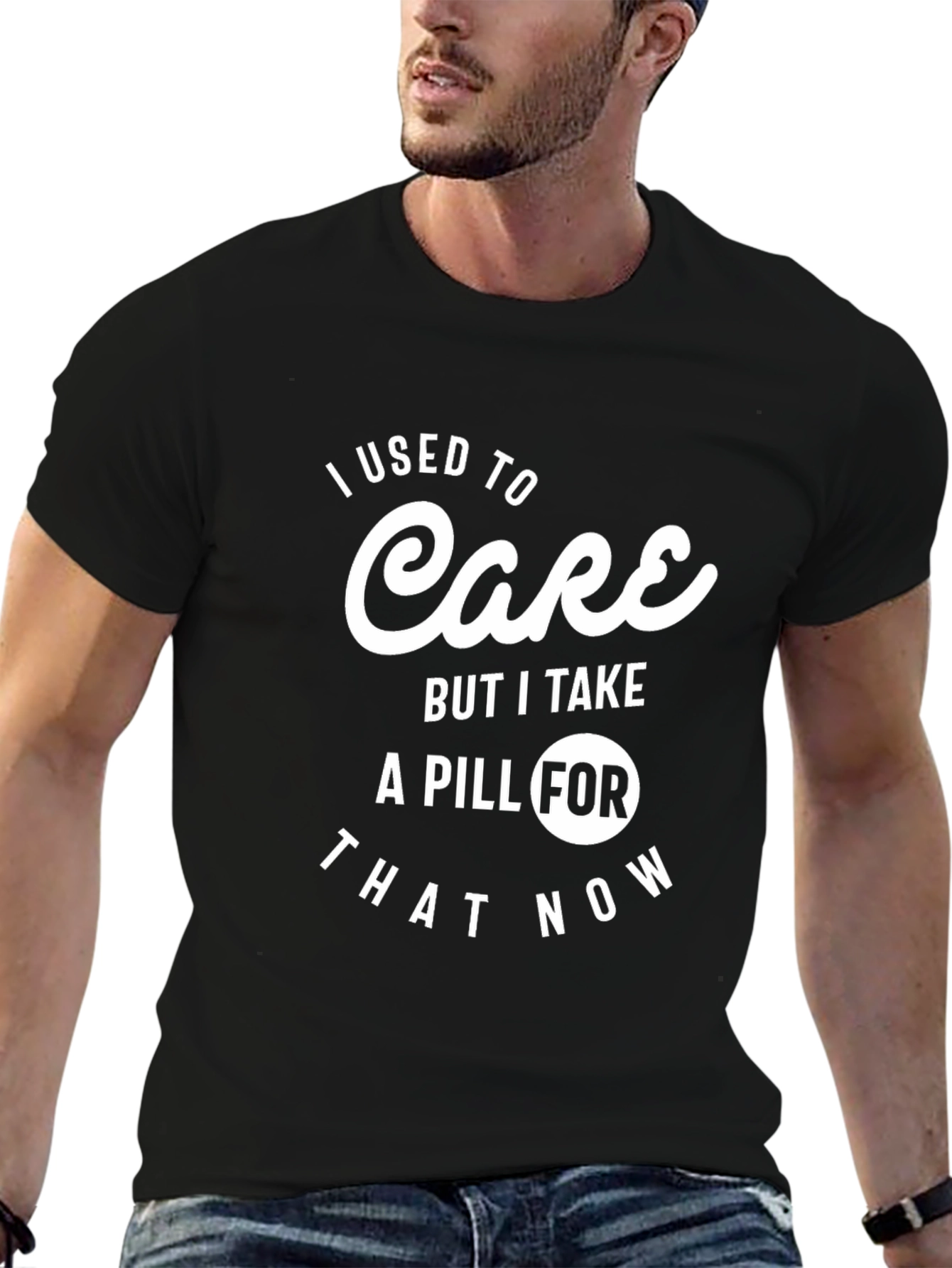 Black I Used to Care Pill Funny Graphic T-Shirt view 6
