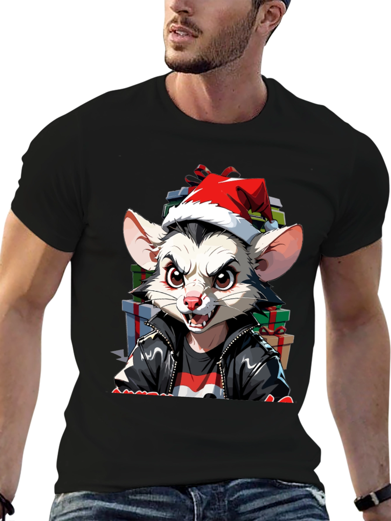 Black Festive Opossum Tee - Holiday Style view 6