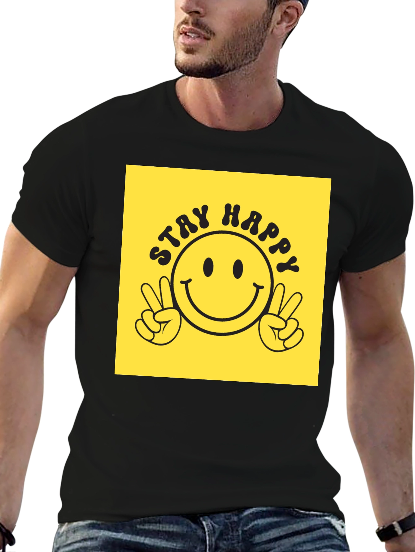 Black Stay Happy Graphic Tee - Retro Smiley Face T-Shirt view 6