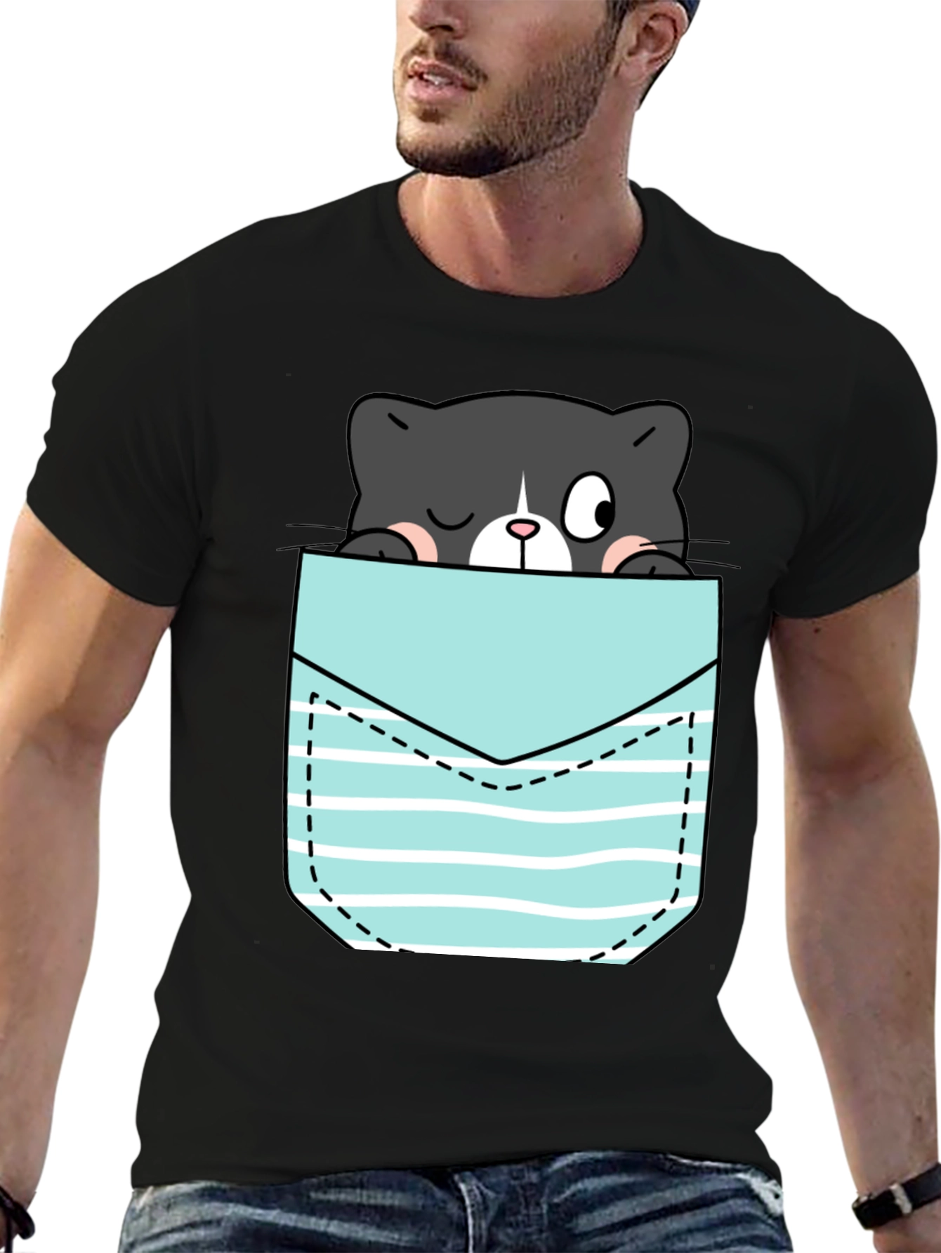 Black Black T-Shirt with Peek-a-Boo Cat Pocket Design view 6