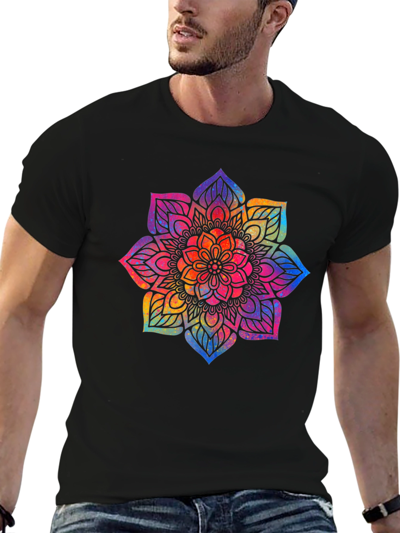 Black Vibrant Mandala Graphic Tee - Black Cotton Comfort view 6
