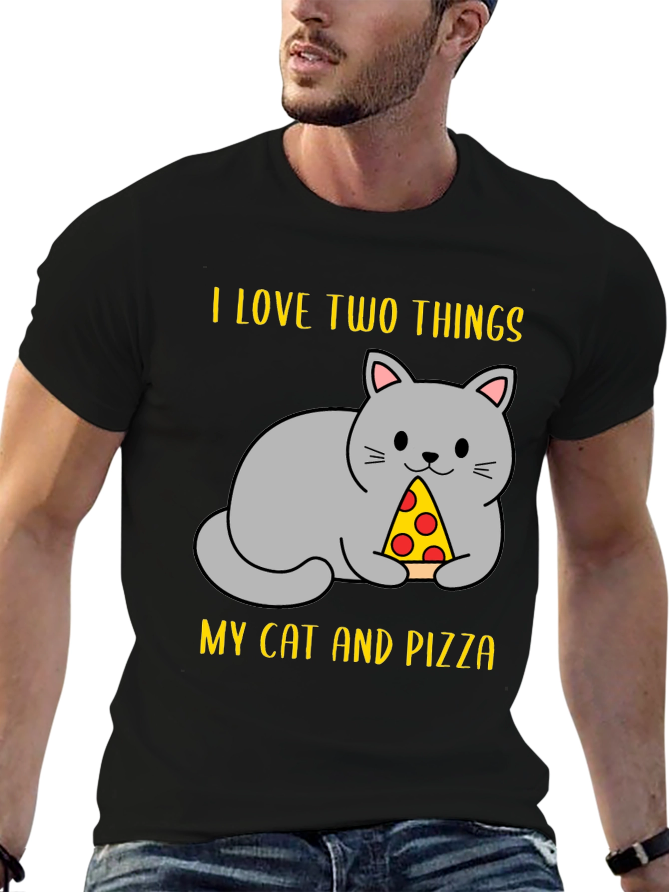 Black Funny Cat & Pizza T-Shirt view 6